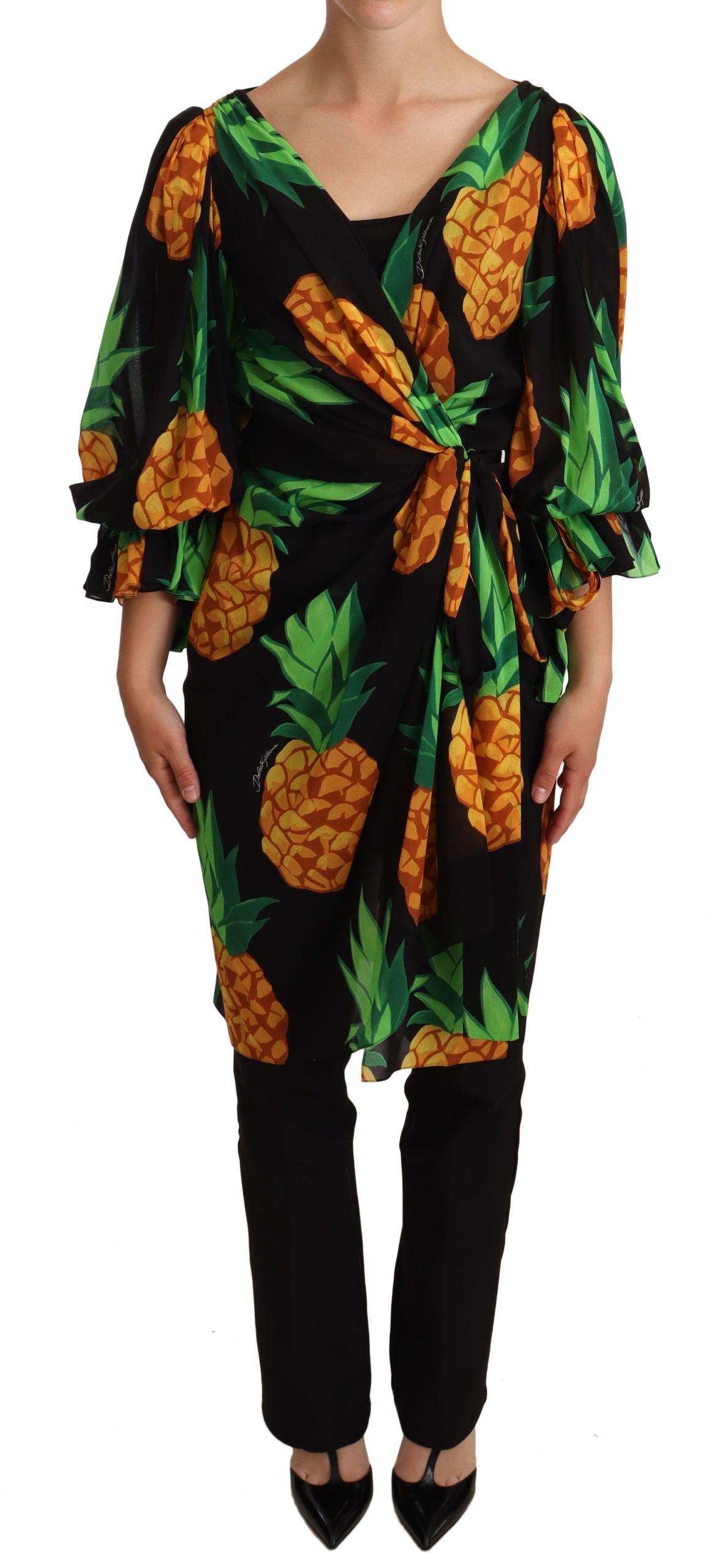 Dolce & Gabbana Black Ananas Print Wrap Stretch Silk Dress Dolce & Gabbana