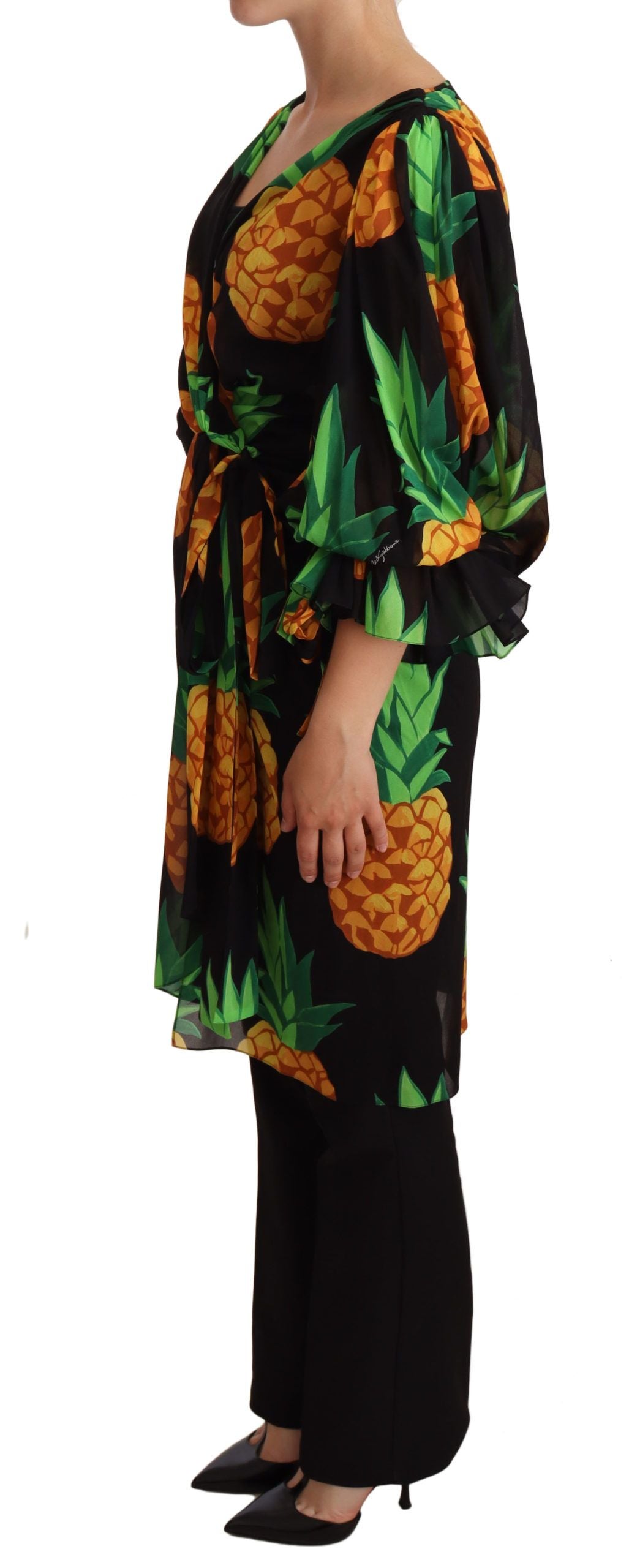 Dolce & Gabbana Black Ananas Print Wrap Stretch Silk Dress Dolce & Gabbana