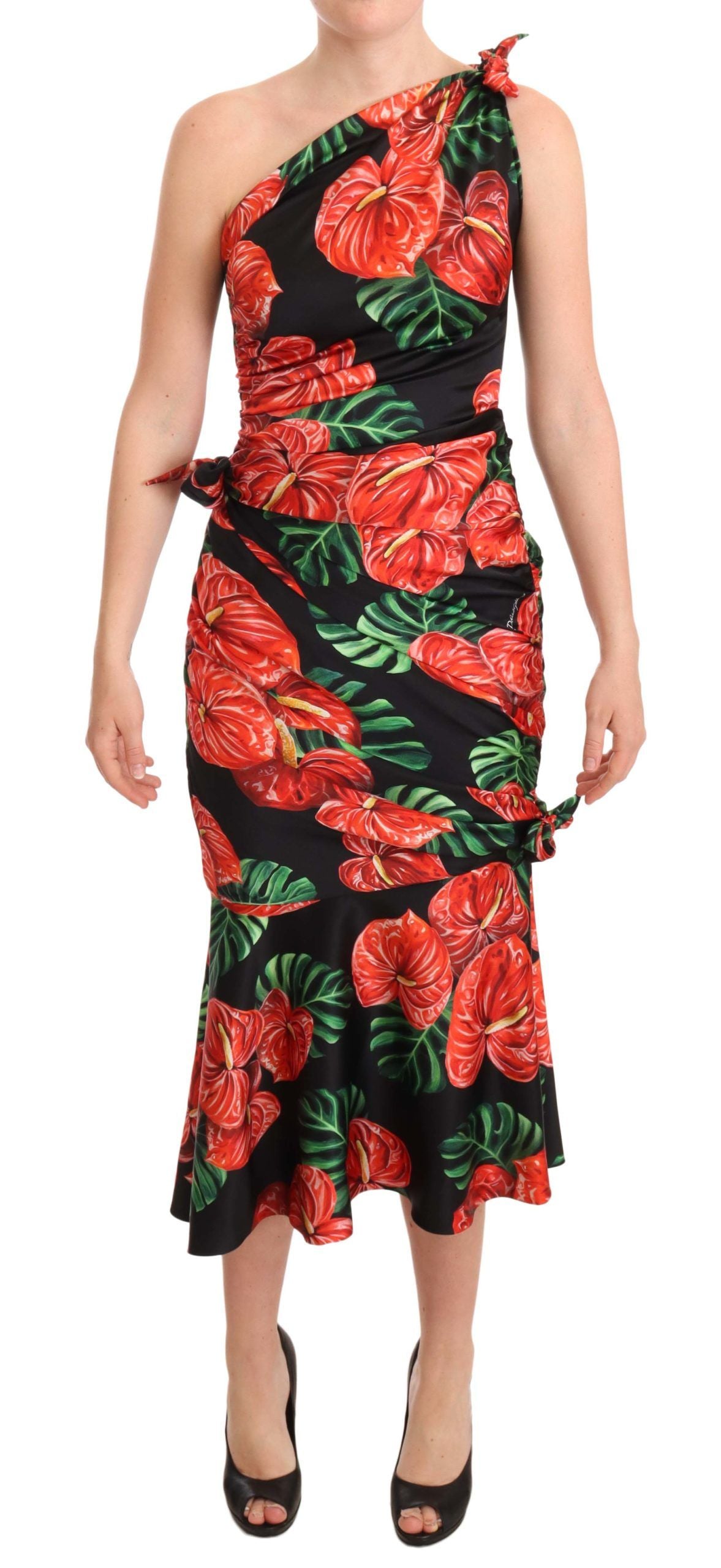 Dolce & Gabbana Black Shiny Silk Floral Print Draped Dress Dolce & Gabbana