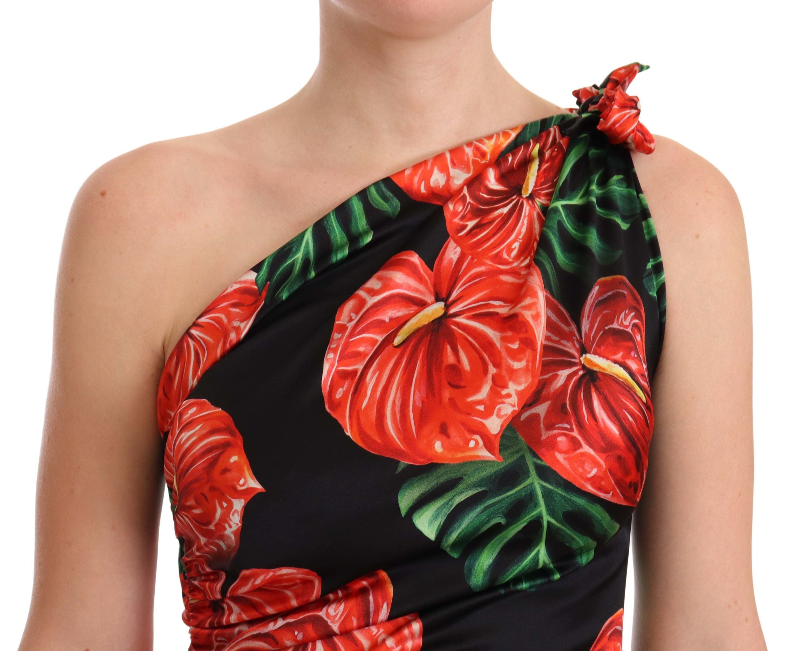 Dolce & Gabbana Black Shiny Silk Floral Print Draped Dress Dolce & Gabbana
