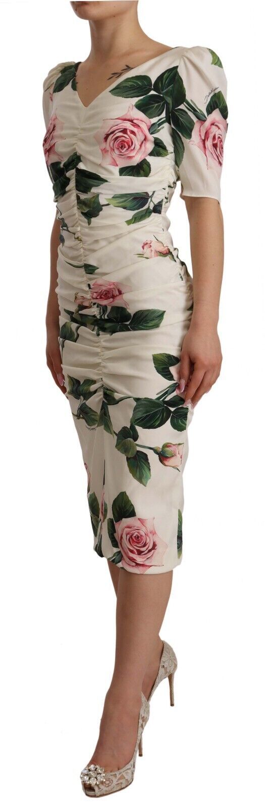 Dolce & Gabbana White Roses Print Stretch Silk Pleated Dress Dolce & Gabbana