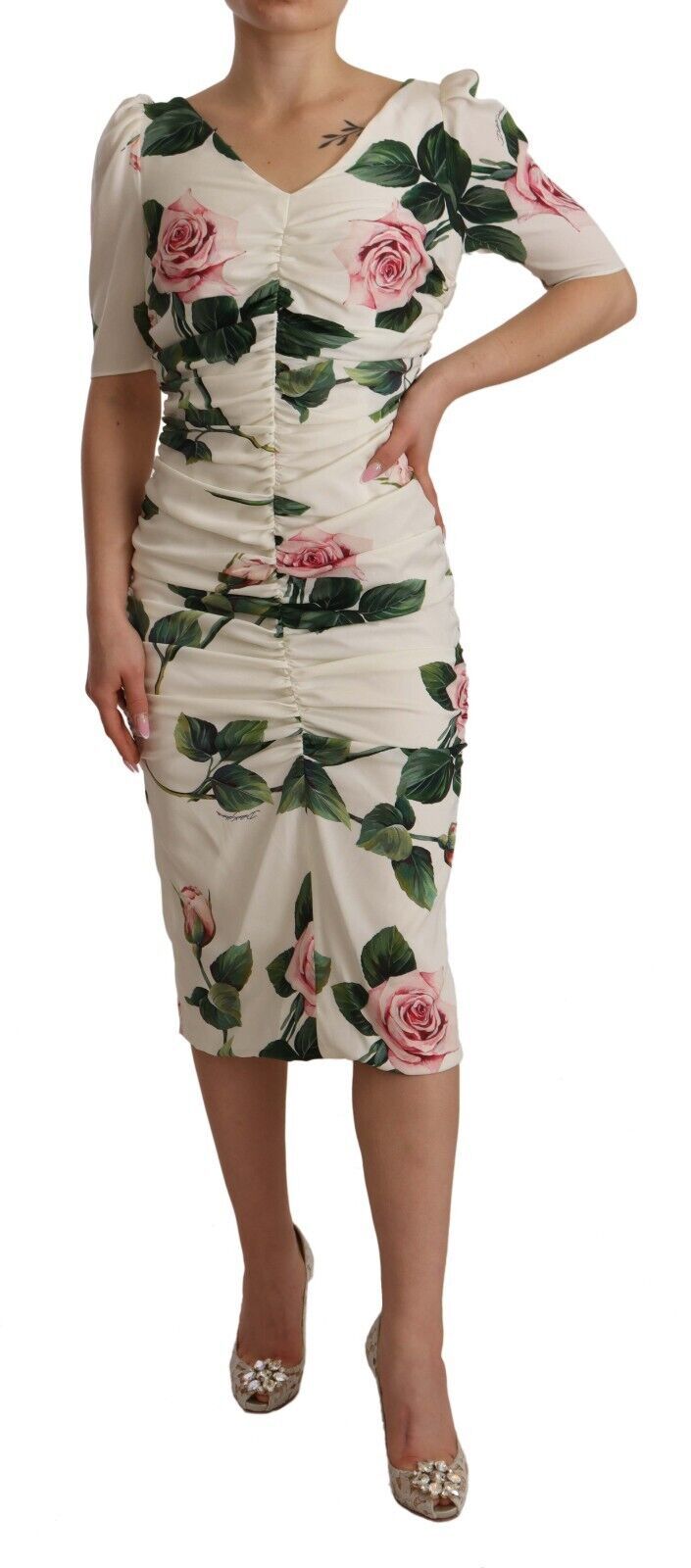 Dolce & Gabbana White Roses Print Stretch Silk Pleated Dress Dolce & Gabbana
