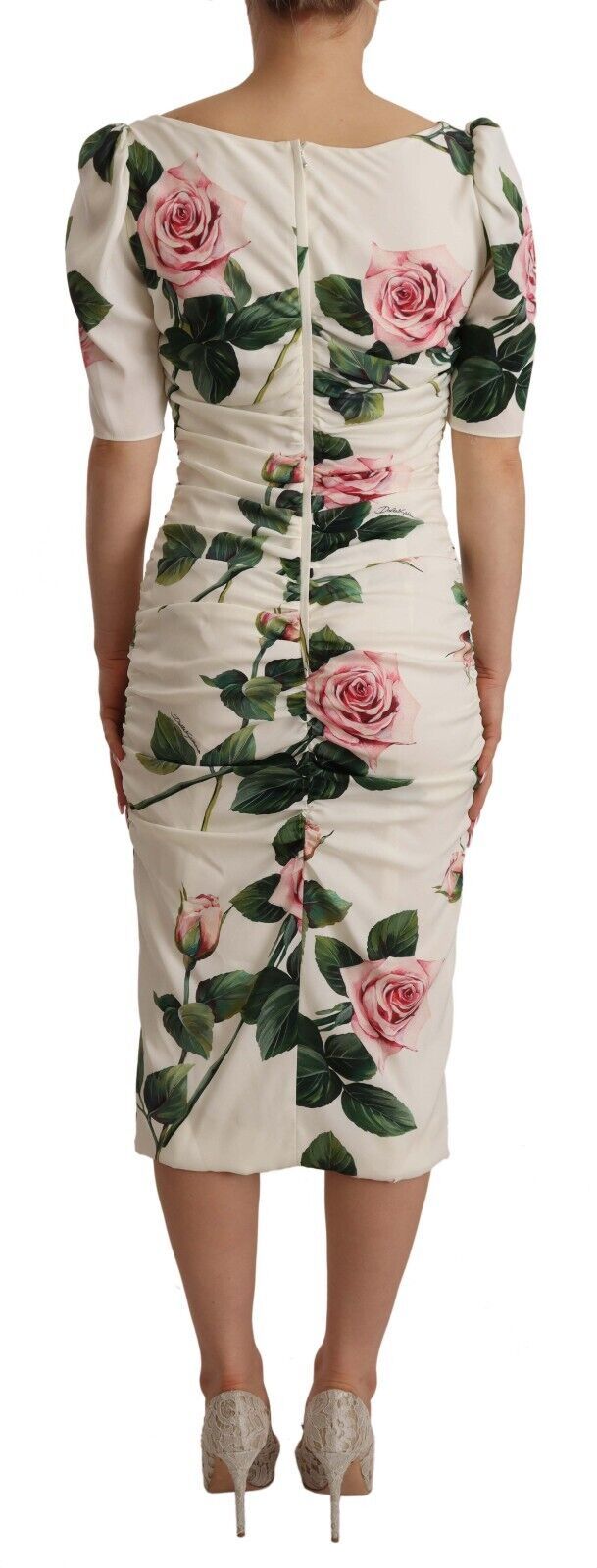 Dolce & Gabbana White Roses Print Stretch Silk Pleated Dress Dolce & Gabbana