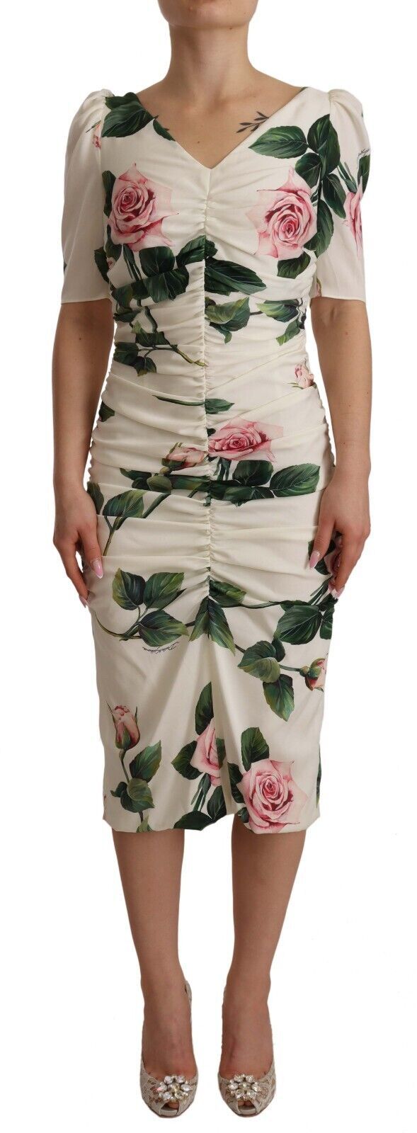 Dolce & Gabbana White Roses Print Stretch Silk Pleated Dress Dolce & Gabbana