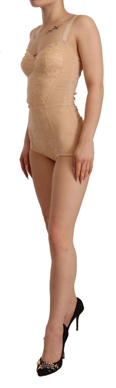 Dolce & Gabbana Beige Nylon Floral Lace Bodysuit Underwear Dolce & Gabbana