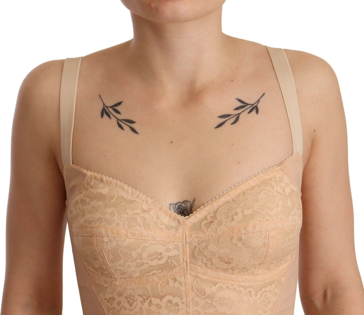 Dolce & Gabbana Beige Nylon Floral Lace Bodysuit Underwear