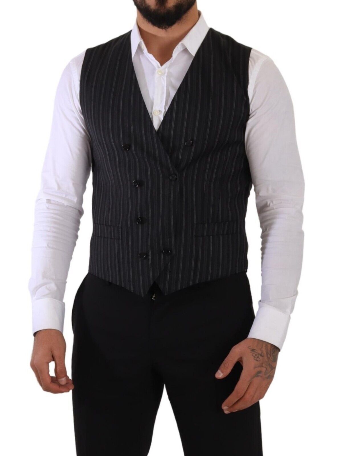 Dolce & Gabbana Gray Striped Double Breasted Waistcoat Vest Dolce & Gabbana