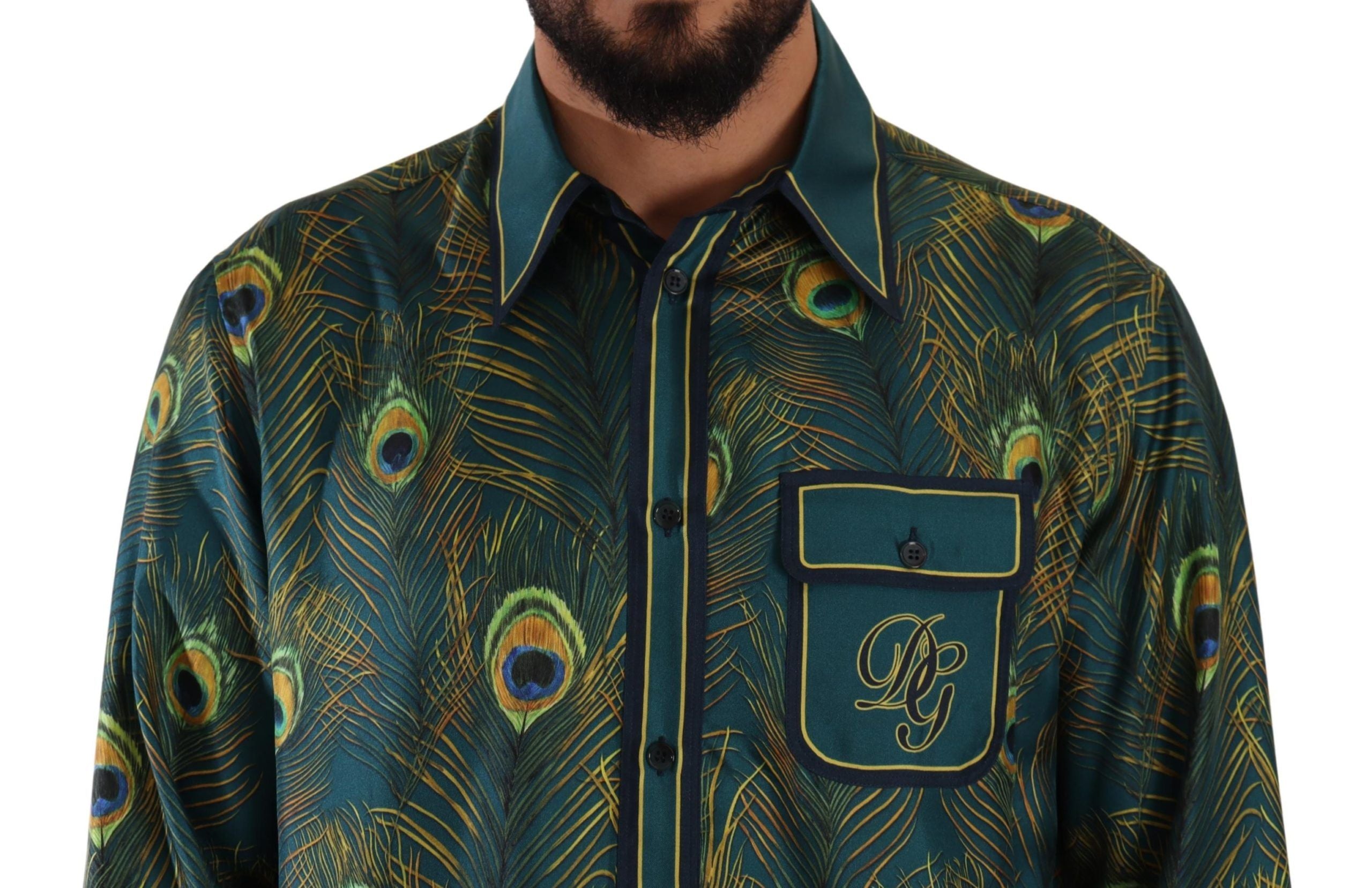 Dolce & Gabbana Peacock Feather Print Silk Pajama Mens Shirt Dolce & Gabbana