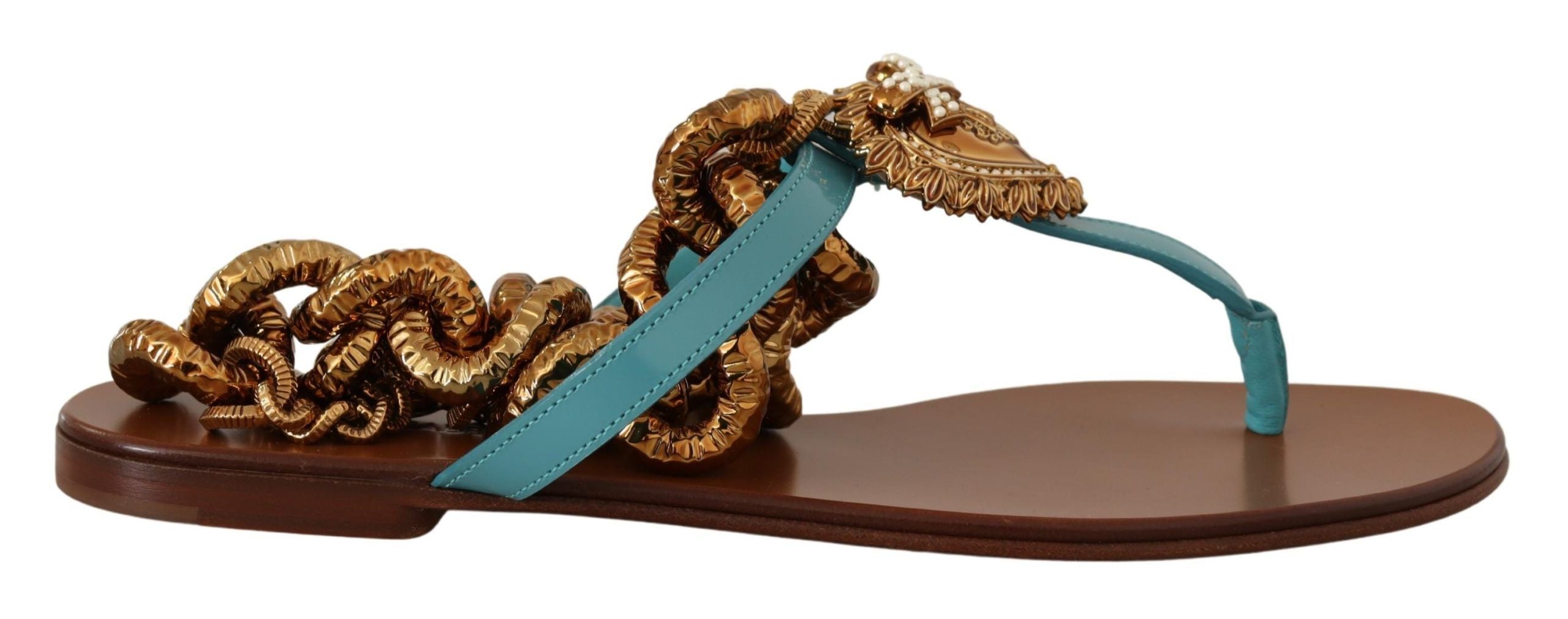 Dolce & Gabbana Blue Leather Devotion Flats Sandals Dolce & Gabbana