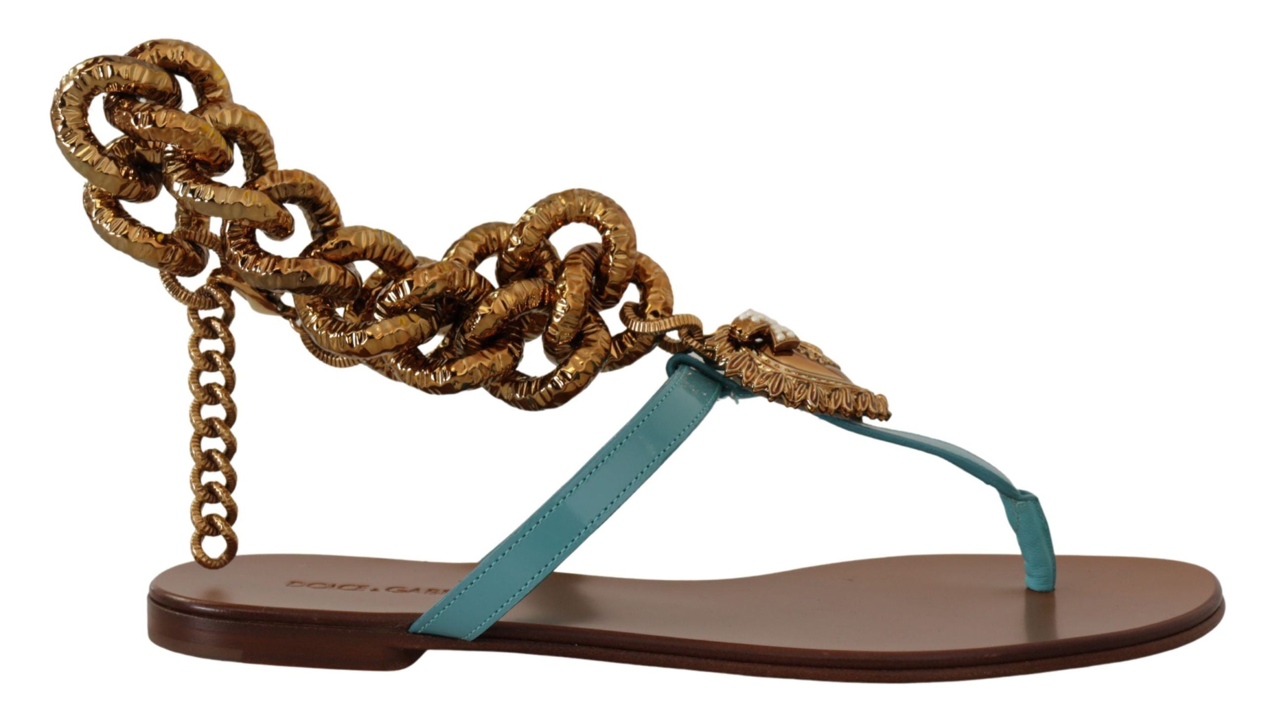 Dolce & Gabbana Blue Leather Devotion Flats Sandals Dolce & Gabbana