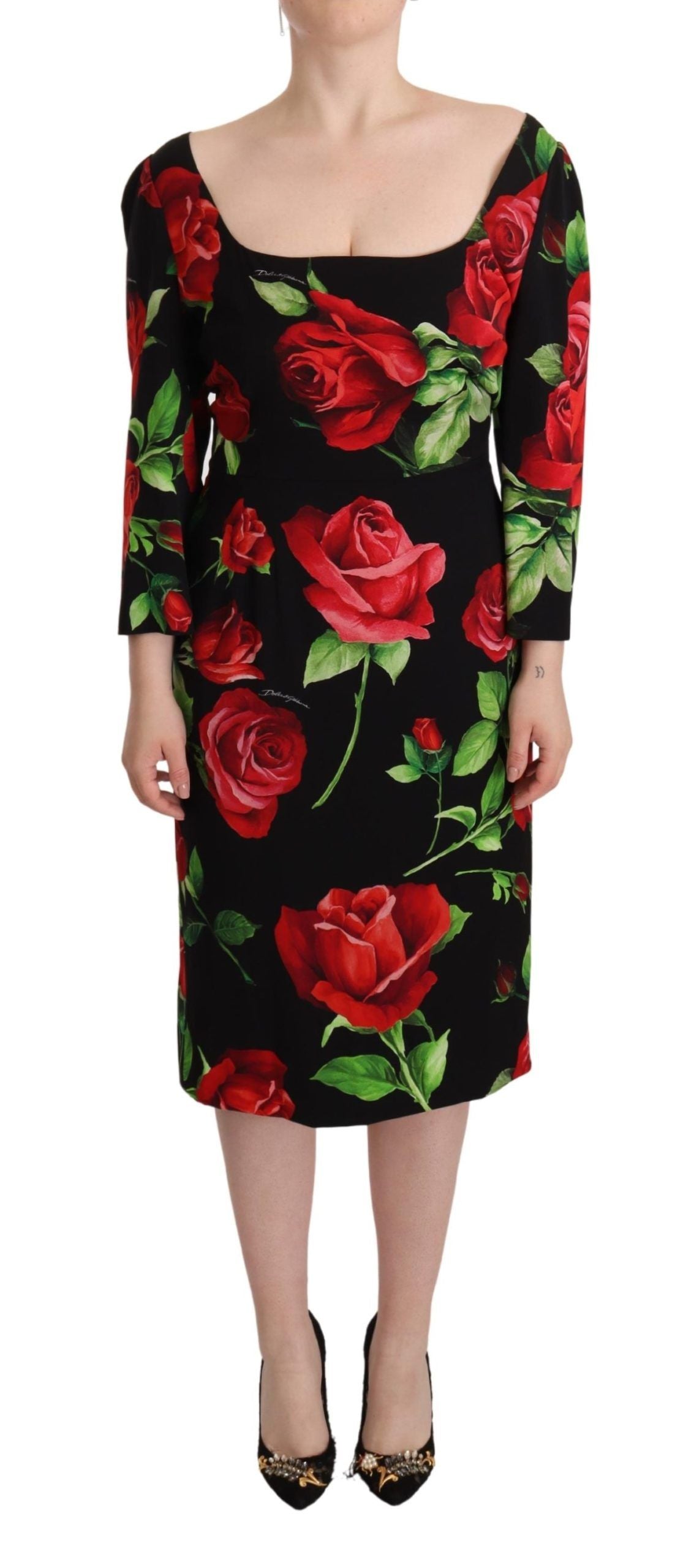 Dolce & Gabbana Black Red Roses Sheath Stretch Silk Dress Dolce & Gabbana