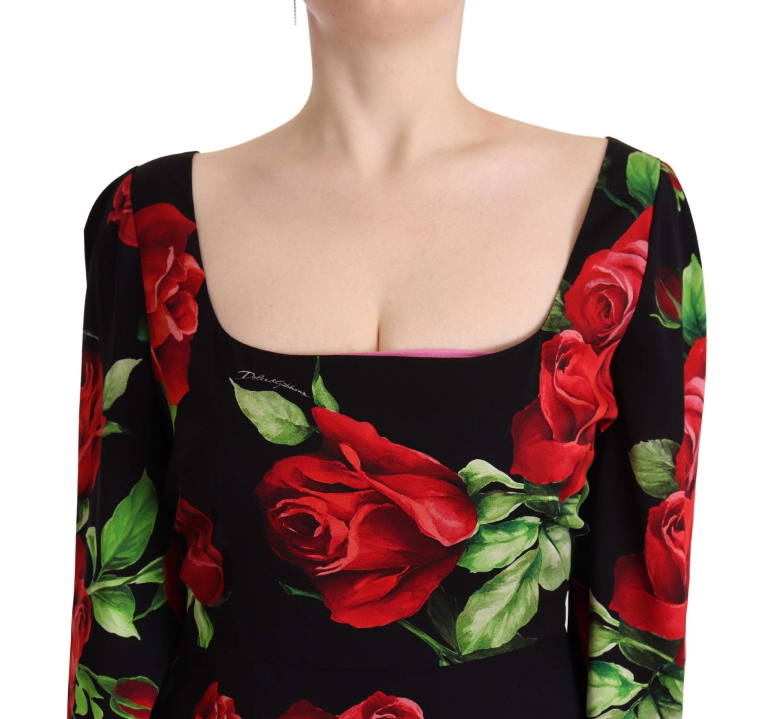 Dolce & Gabbana Black Red Roses Sheath Stretch Silk Dress Dolce & Gabbana