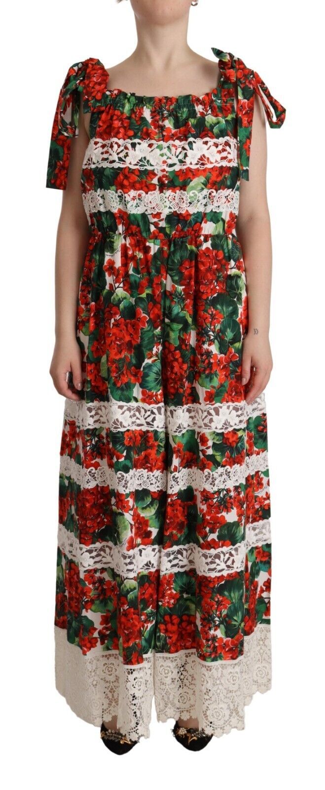 Dolce & Gabbana Multicolor Geranium Print Lace Long Maxi Dress Dolce & Gabbana