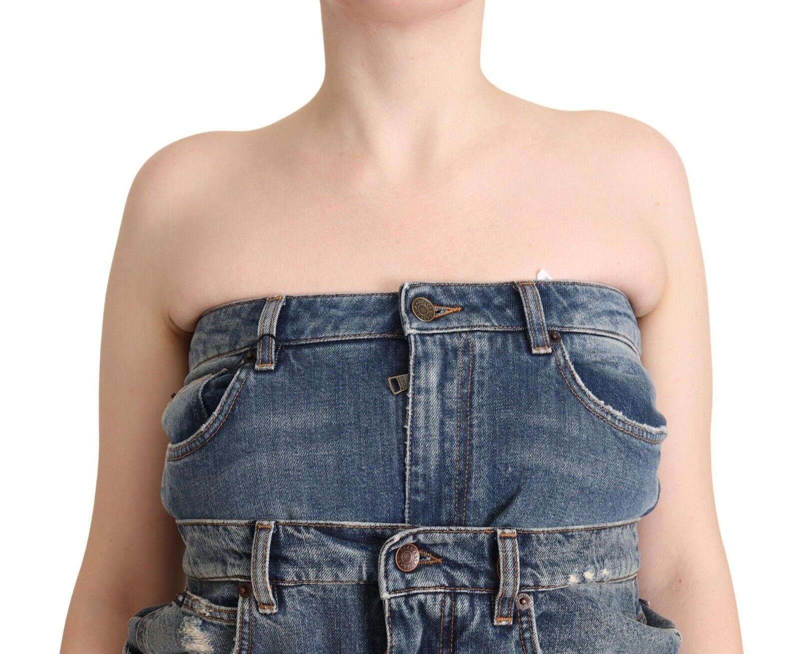 Dolce & Gabbana Dark Blue Cotton Strapless Denim Jumpsuit Dress Dolce & Gabbana