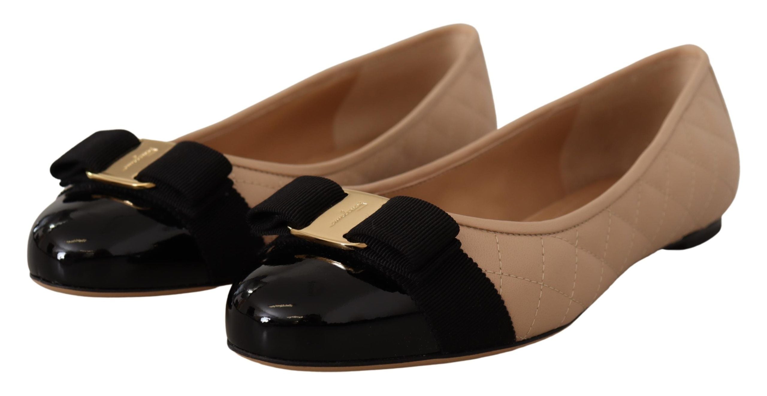 Salvatore Ferragamo Beige and Black Nappa Leather Ballet Flat Shoes Salvatore Ferragamo
