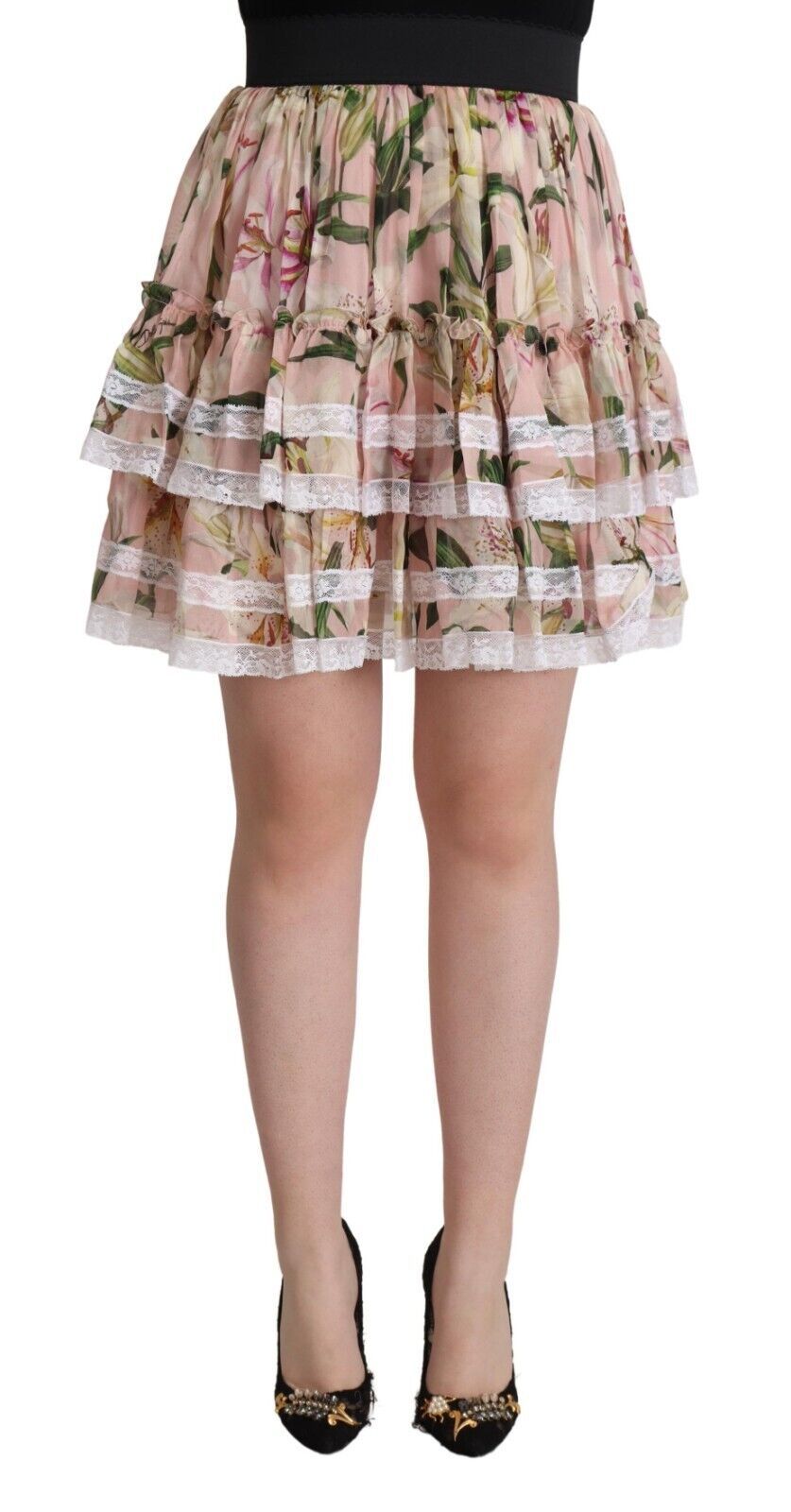 Dolce & Gabbana Pink Lily Print Silk Mini Tiered A-line Skirt Dolce & Gabbana