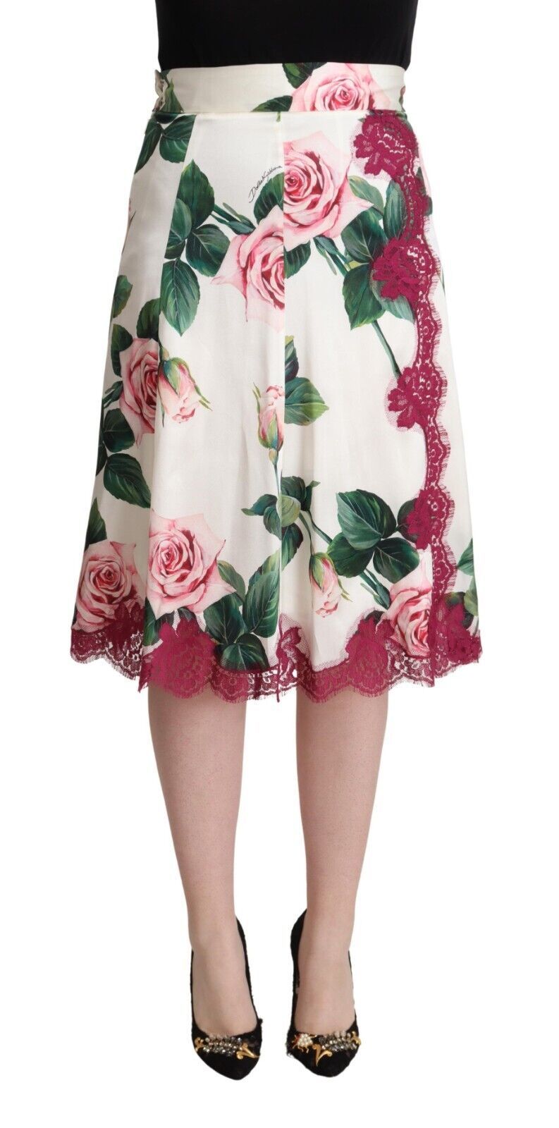 Dolce & Gabbana White Rose Print High Waist Midi A-line Skirt Dolce & Gabbana