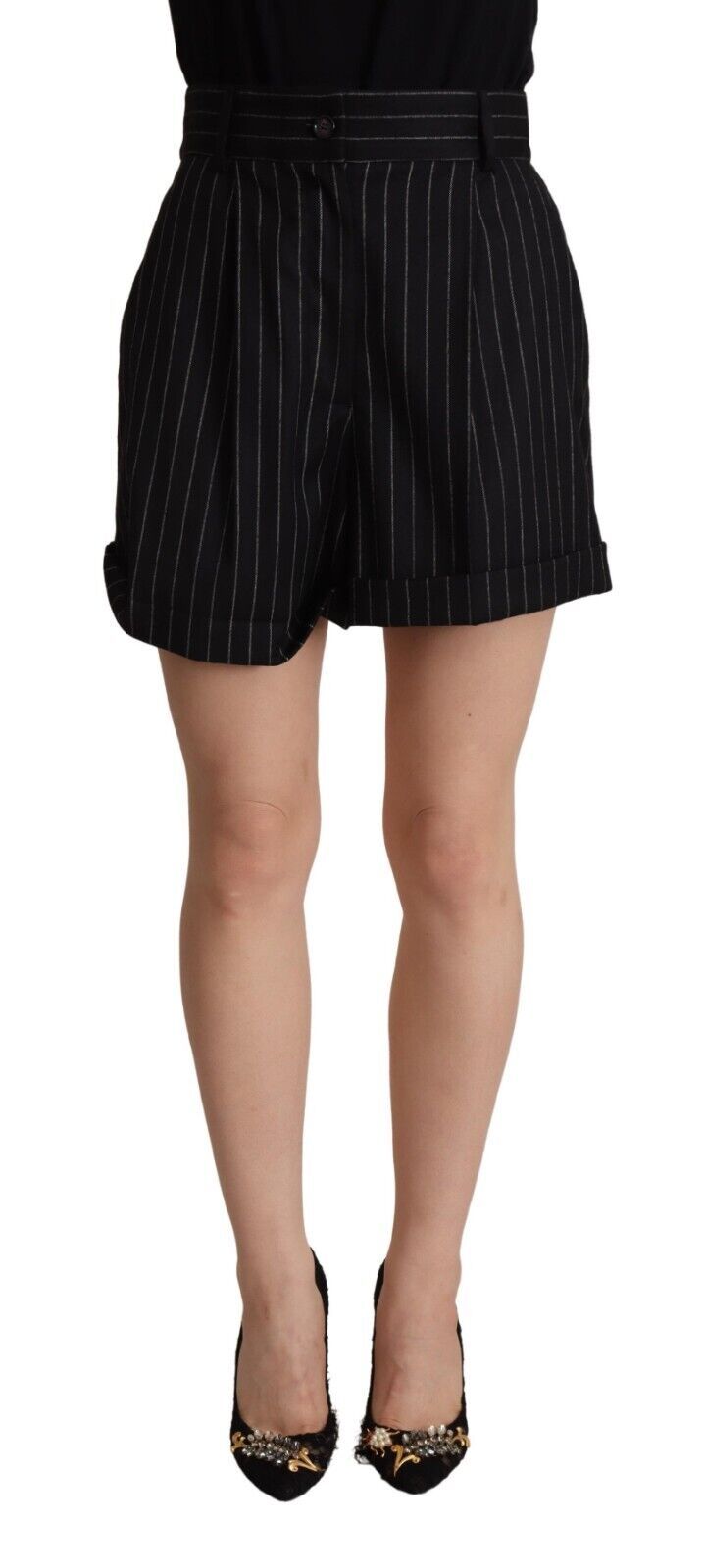 Dolce & Gabbana Black Stripes Wool High Waist Trouser Bermuda Shorts Dolce & Gabbana