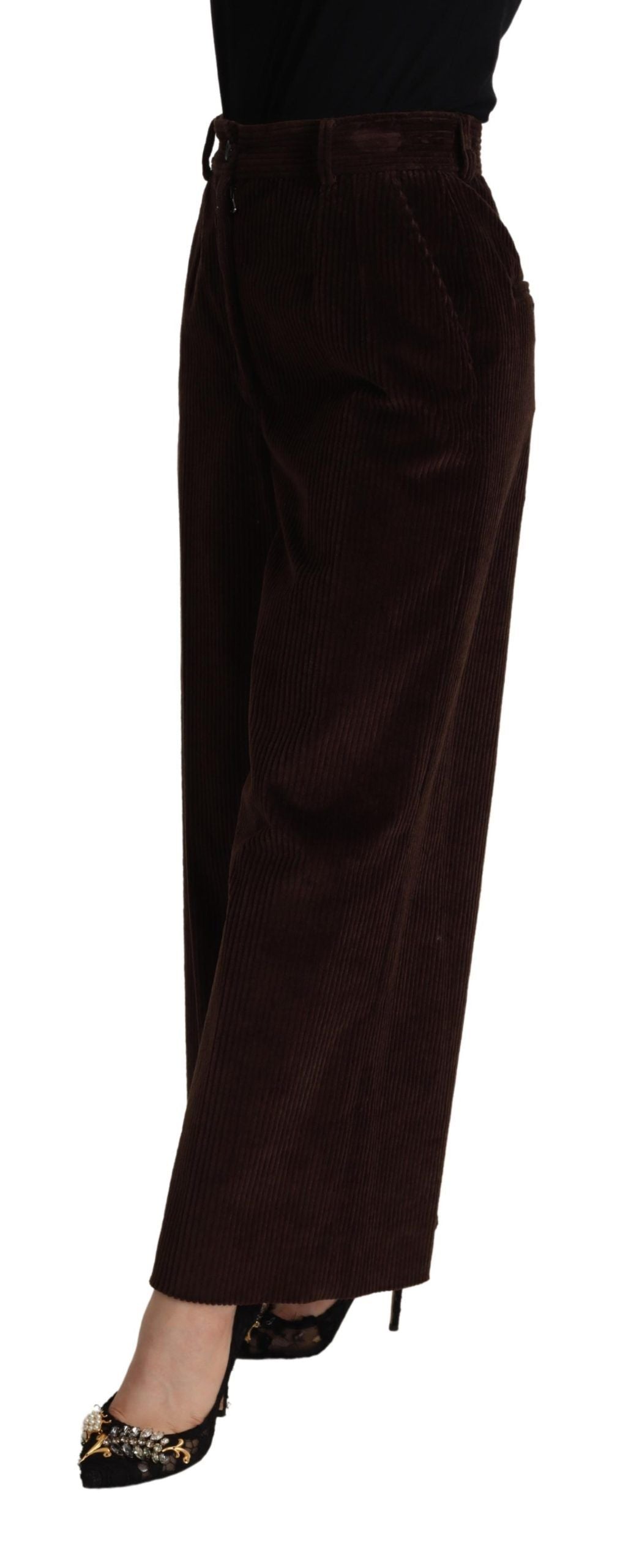Dolce & Gabbana Brown Cotton High Waist Trouser Wide Leg Pants Dolce & Gabbana