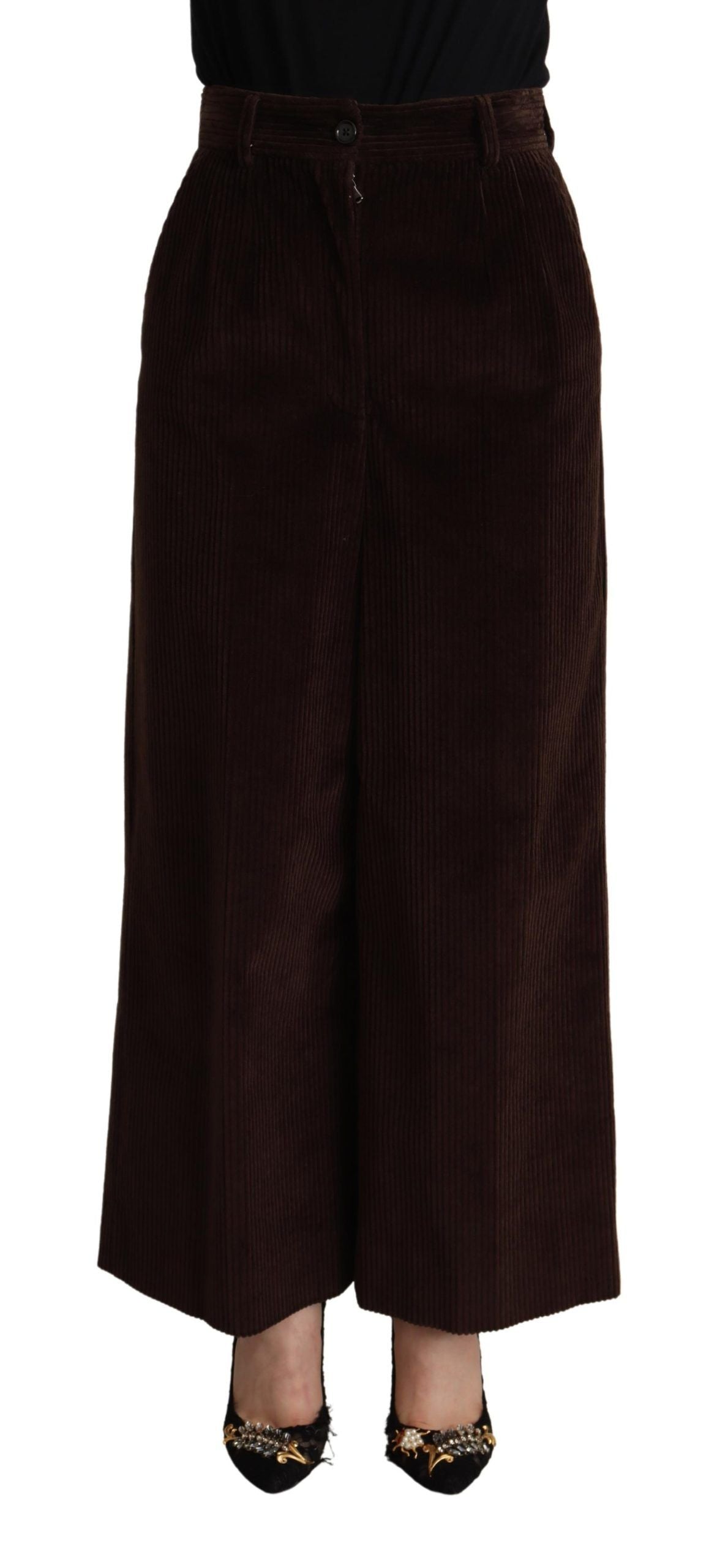 Dolce & Gabbana Brown Cotton High Waist Trouser Wide Leg Pants Dolce & Gabbana