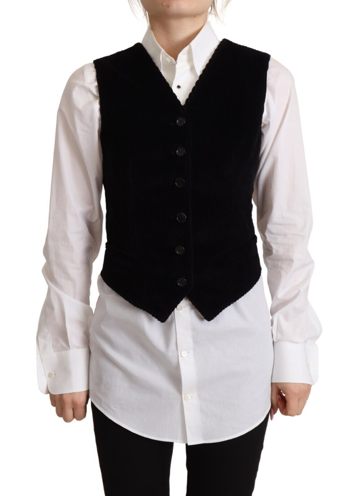 Dolce & Gabbana Black V-neck Leopard Corduroy Button Vest Top Dolce & Gabbana