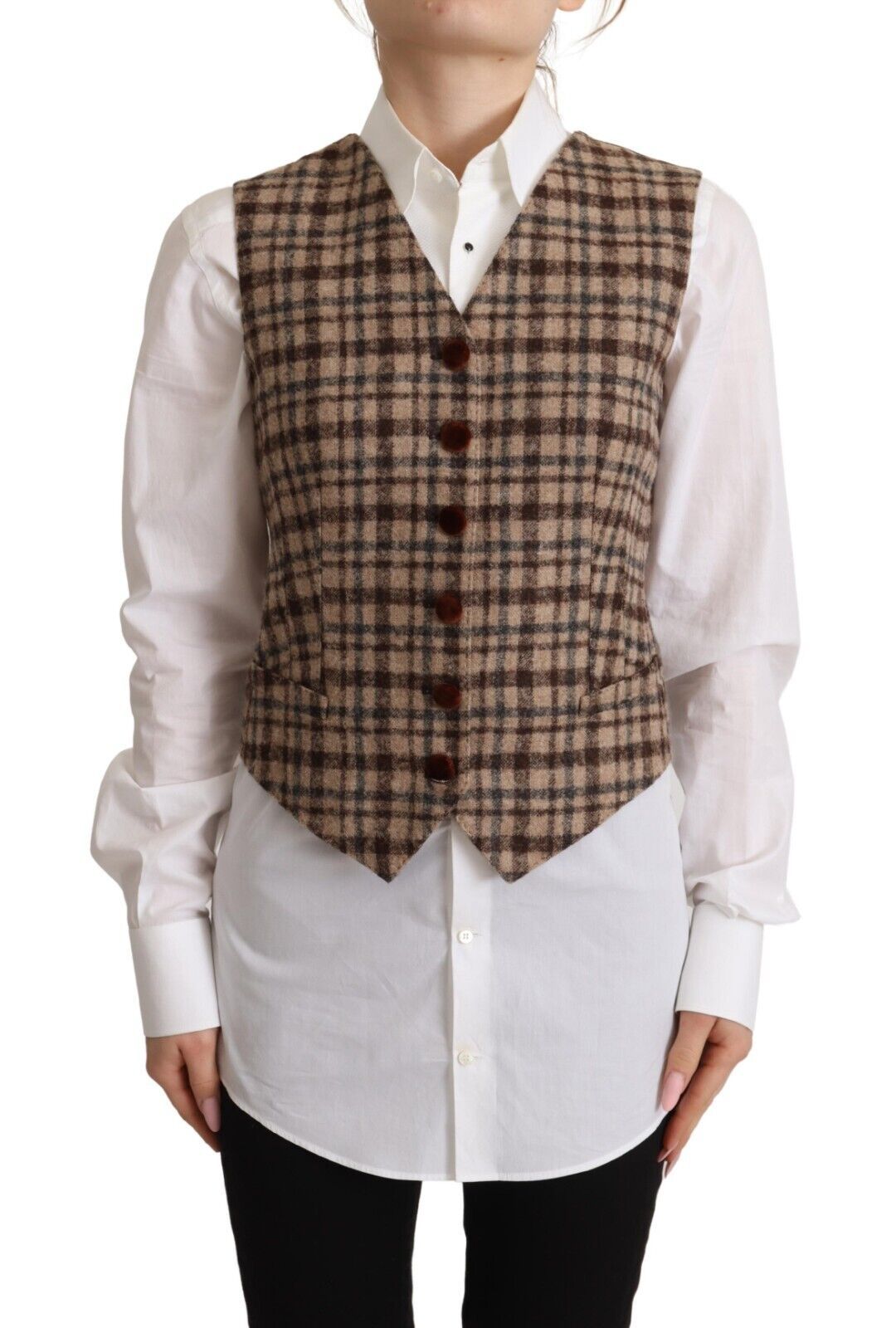 Dolce & Gabbana Brown Checkered Leopard V-neck Sleeveless Vest Top Dolce & Gabbana