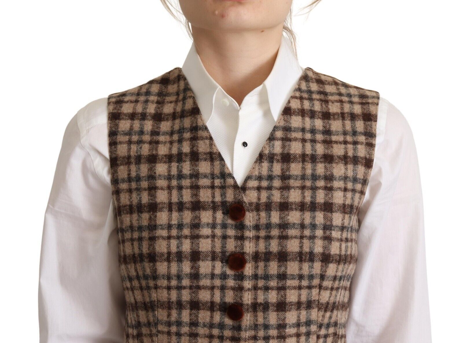 Dolce & Gabbana Brown Checkered Leopard V-neck Sleeveless Vest Top Dolce & Gabbana