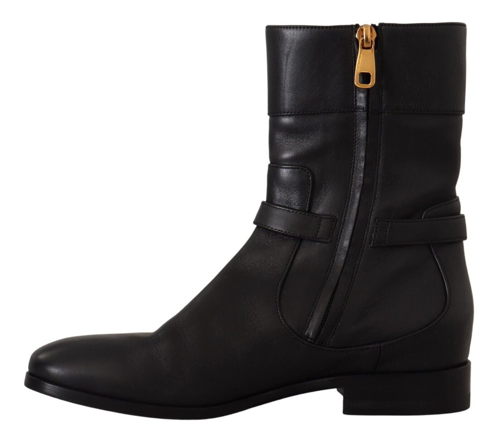 Dolce & Gabbana Black Leather Flats Logo Short Boots Shoes Dolce & Gabbana