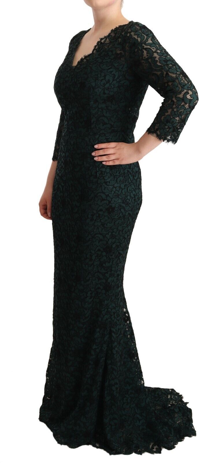 Dolce & Gabbana Green Floral Lace Maxi Floor Length Dress Dolce & Gabbana