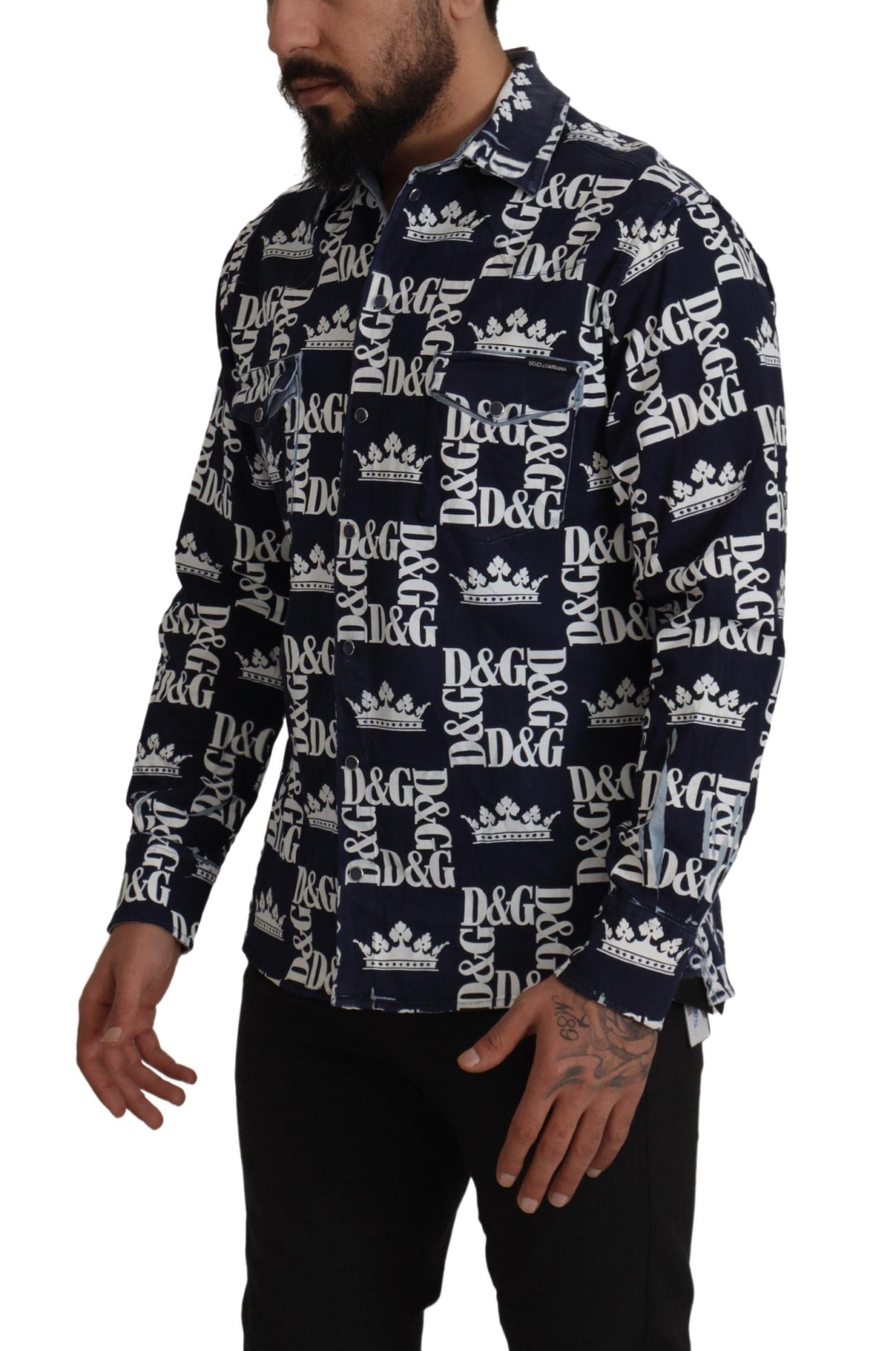 Dolce & Gabbana Blue Denim Stretch DG Crown Logo Casual Shirt Dolce & Gabbana