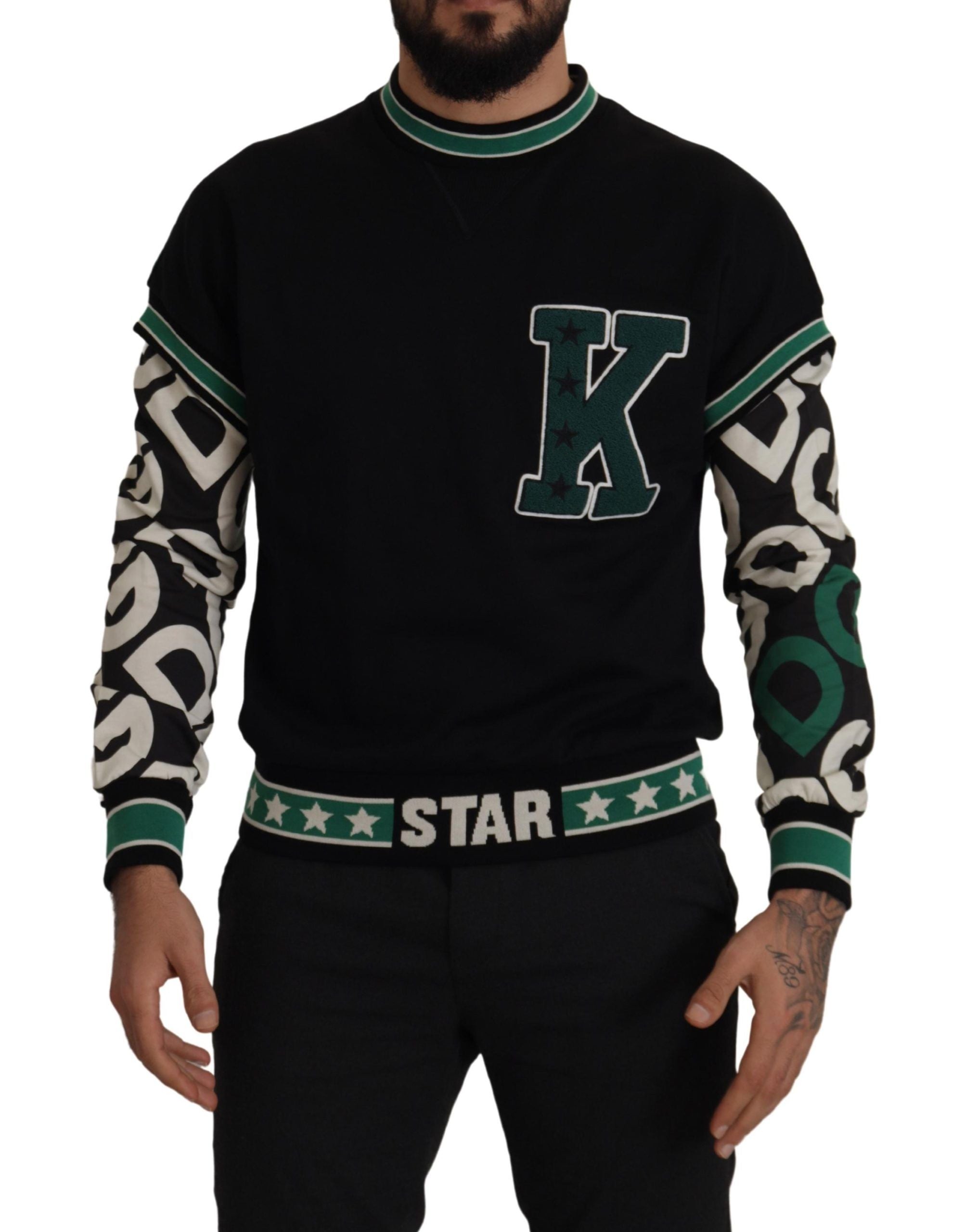 Dolce & Gabbana Black Green Cotton KING Star Crewneck Pullover Sweater Dolce & Gabbana