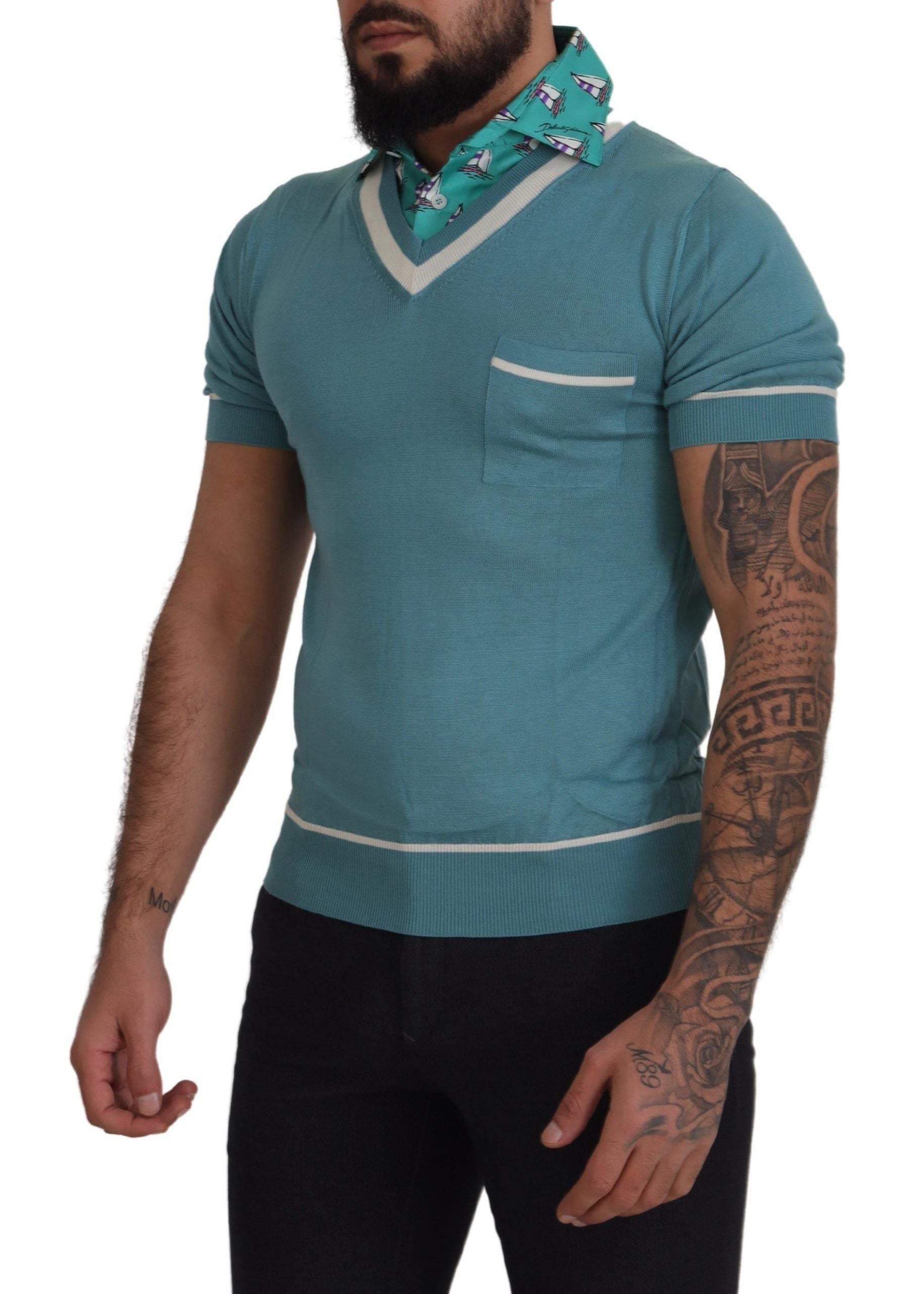 Dolce & Gabbana Blue Silk Polo Top Mens V-neck  T-shirt Dolce & Gabbana