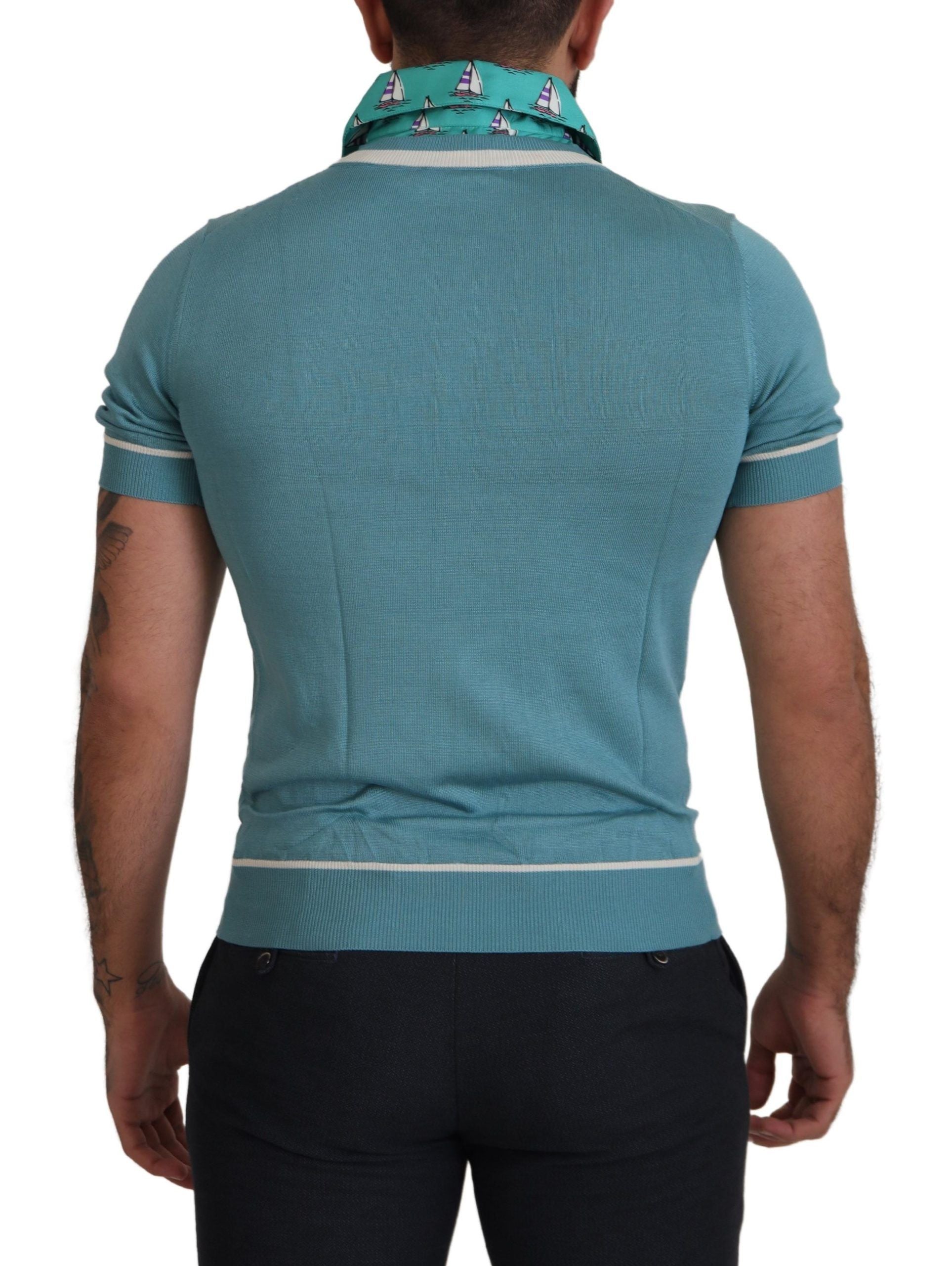 Dolce & Gabbana Blue Silk Polo Top Mens V-neck  T-shirt Dolce & Gabbana