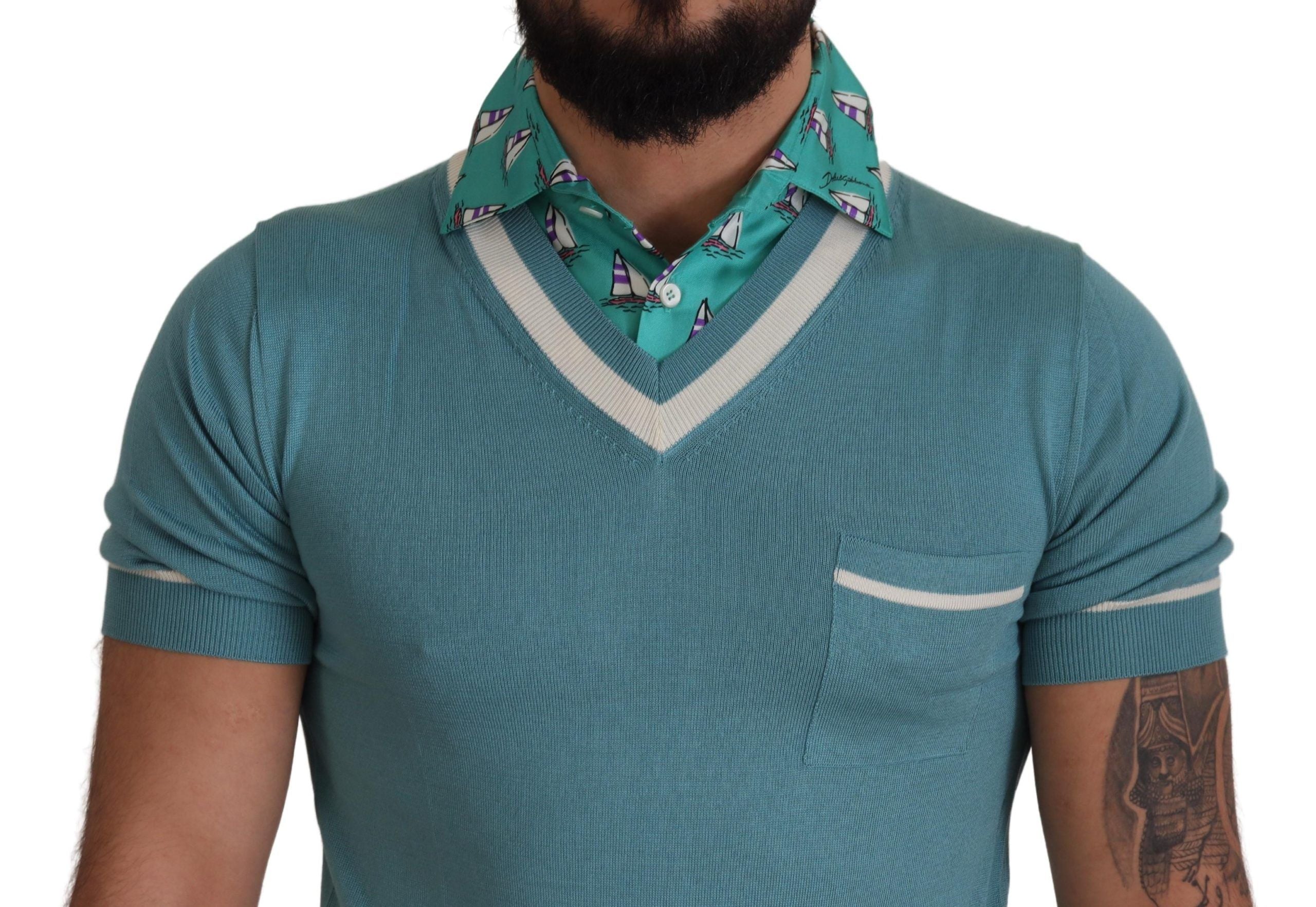 Dolce & Gabbana Blue Silk Polo Top Mens V-neck  T-shirt Dolce & Gabbana