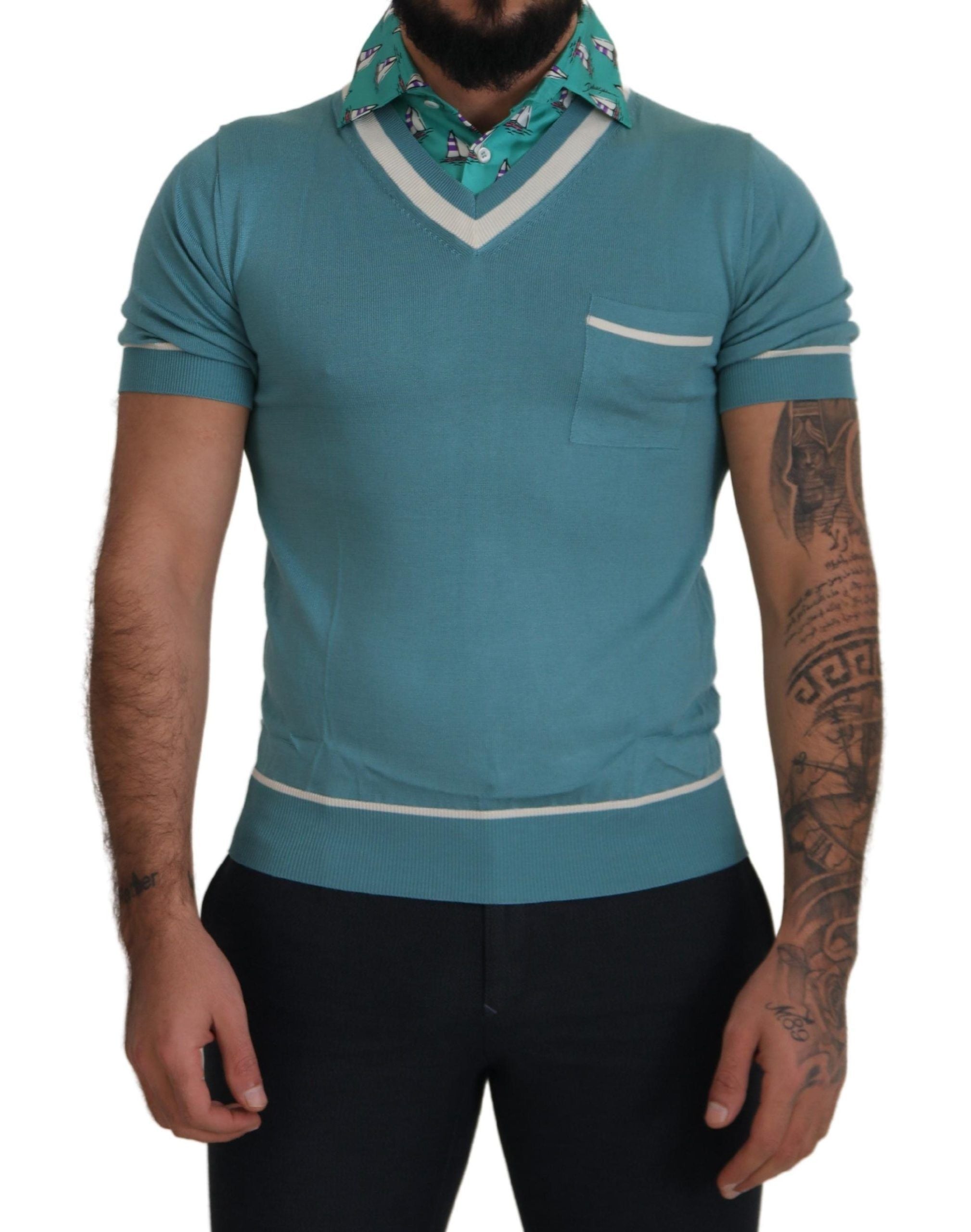 Dolce & Gabbana Blue Silk Polo Top Mens V-neck  T-shirt Dolce & Gabbana
