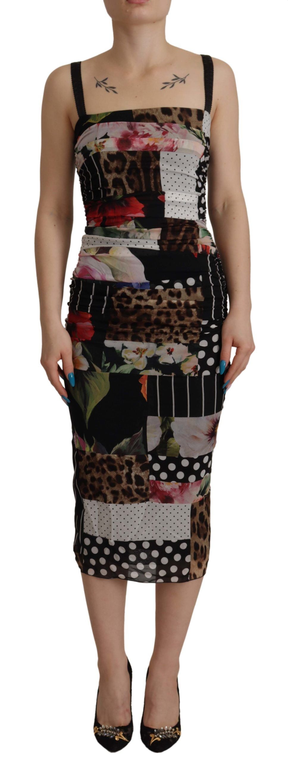 Dolce & Gabbana Multicolor Pachwork Midi Floral Silk Leopard Bodycon Dress Dolce & Gabbana