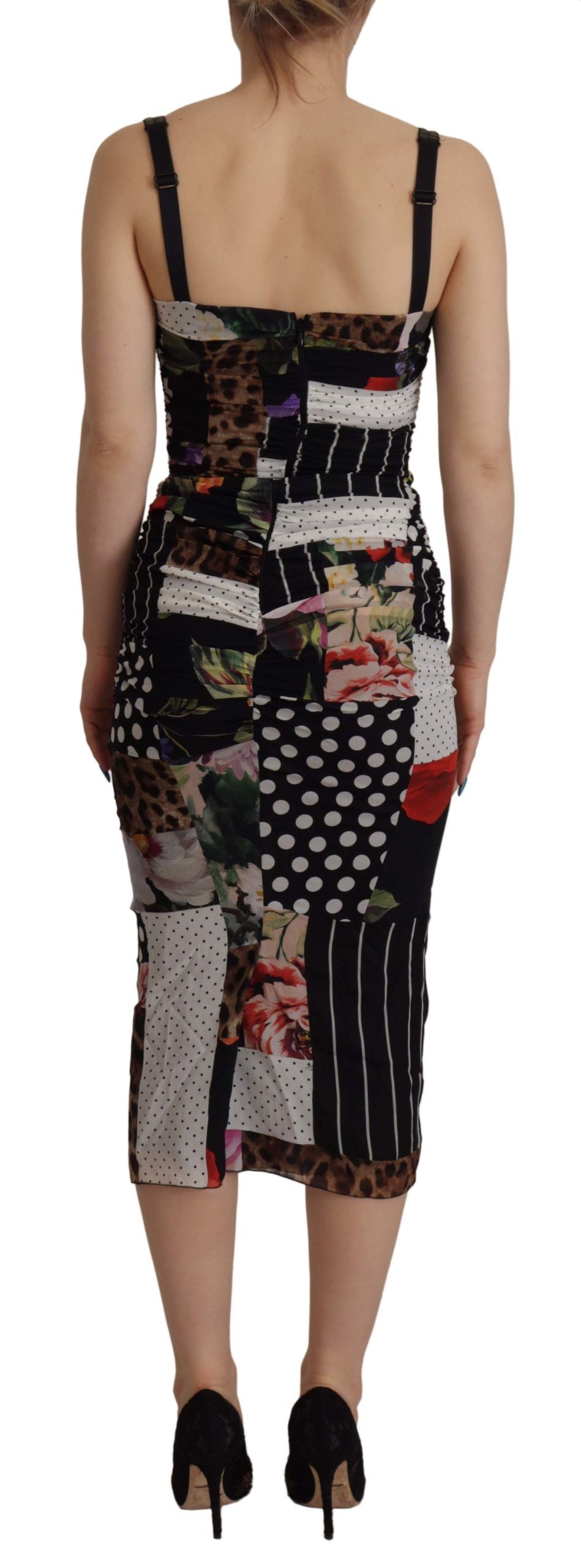 Dolce & Gabbana Multicolor Pachwork Midi Floral Silk Leopard Bodycon Dress Dolce & Gabbana