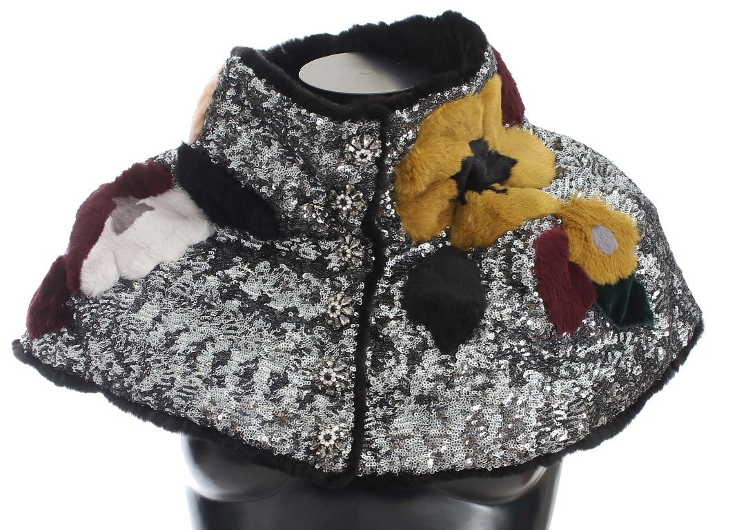 Dolce & Gabbana Silver Sequined Floral Weasel Fur Shoulder Scarf Wrap Dolce & Gabbana