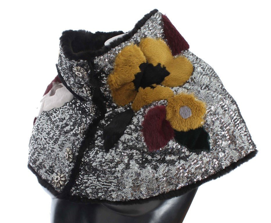 Dolce & Gabbana Silver Sequined Floral Weasel Fur Shoulder Scarf Wrap Dolce & Gabbana