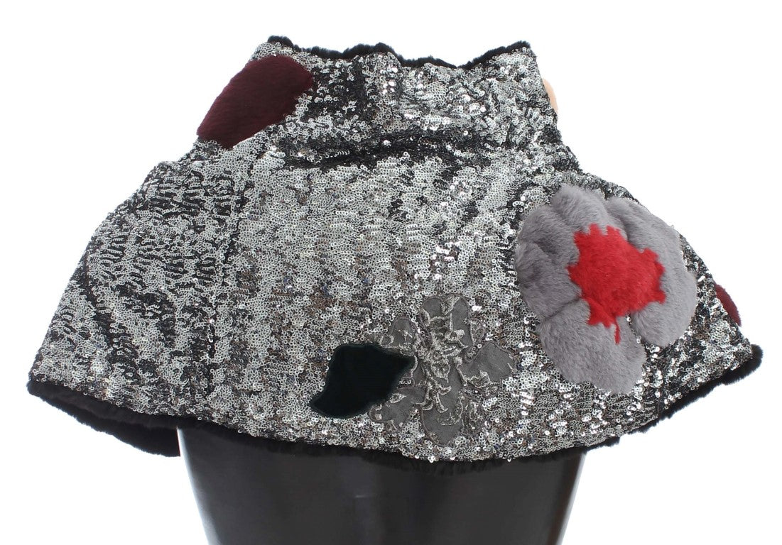 Dolce & Gabbana Silver Sequined Floral Weasel Fur Shoulder Scarf Wrap Dolce & Gabbana
