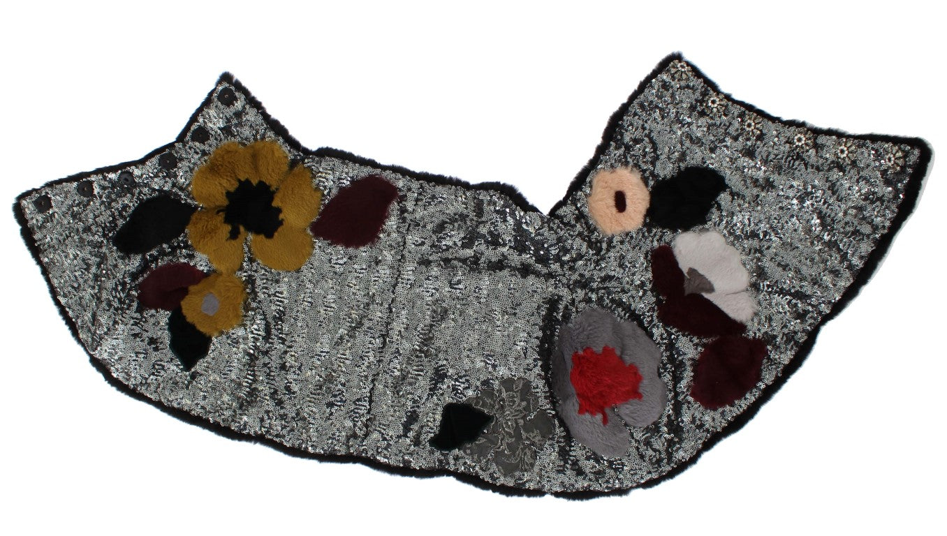 Dolce & Gabbana Silver Sequined Floral Weasel Fur Shoulder Scarf Wrap Dolce & Gabbana