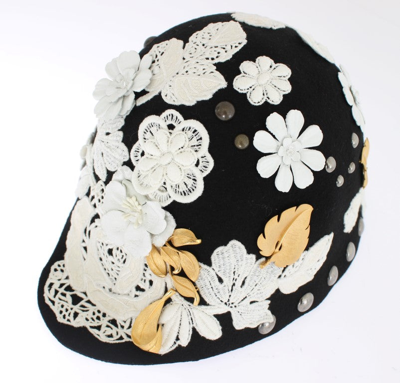 Dolce & Gabbana Black Wool White Floral Gold Leaf Hat Dolce & Gabbana