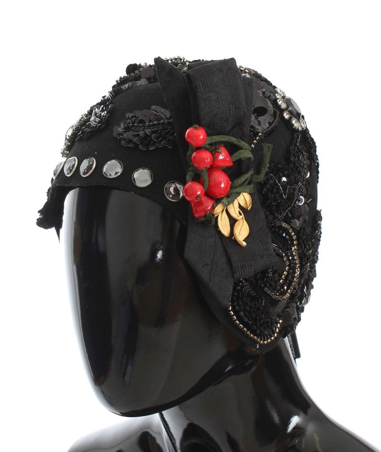Dolce & Gabbana Black Crystal Gold Cherries Brooch Hat Dolce & Gabbana