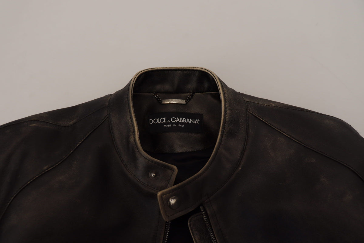 Dolce & Gabbana Black Leather Zipper Biker Coat Jacket Dolce & Gabbana