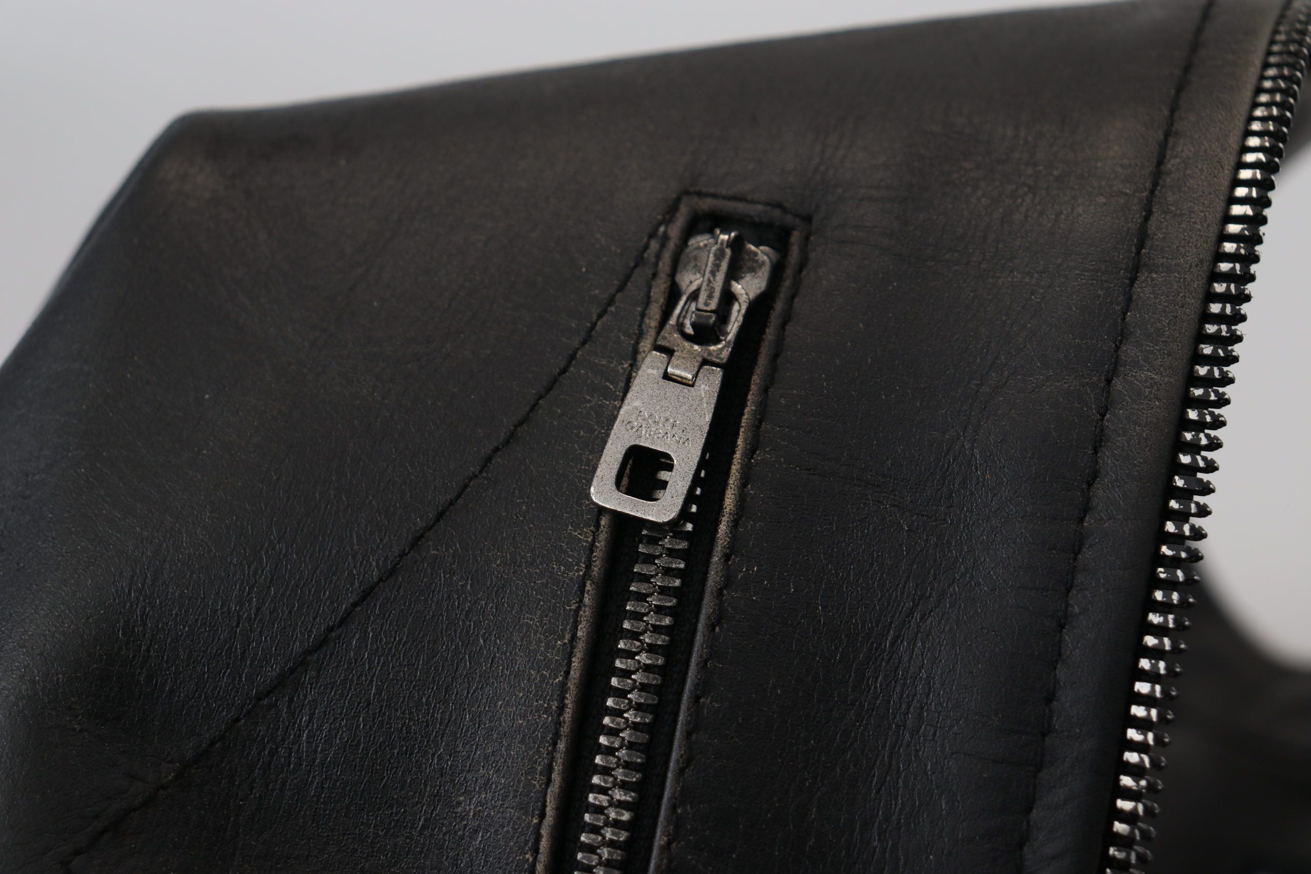 Dolce & Gabbana Black Leather Zipper Biker Coat Jacket Dolce & Gabbana