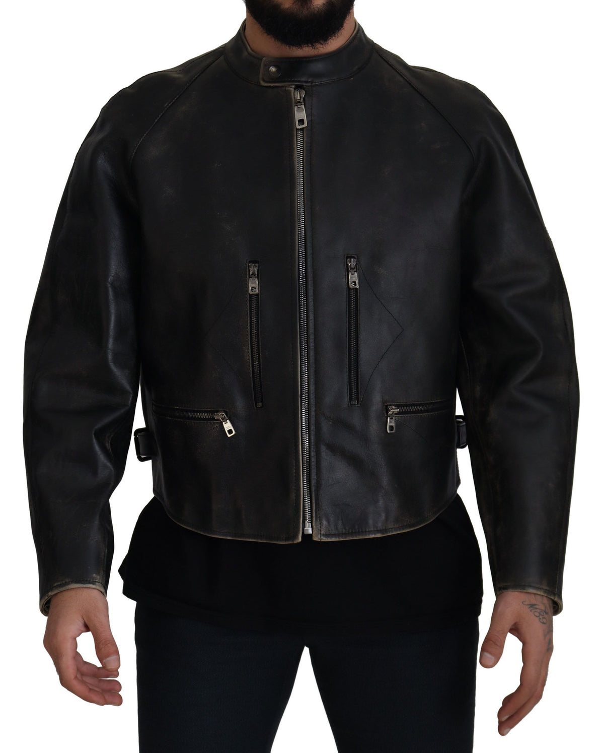 Dolce & Gabbana Black Leather Zipper Biker Coat Jacket Dolce & Gabbana