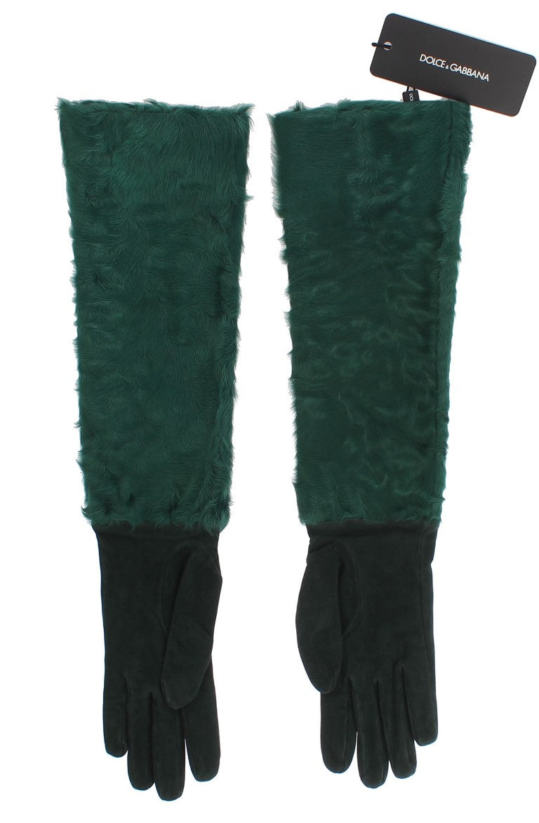 Dolce & Gabbana Green Leather Xiangao Fur Elbow Gloves Dolce & Gabbana