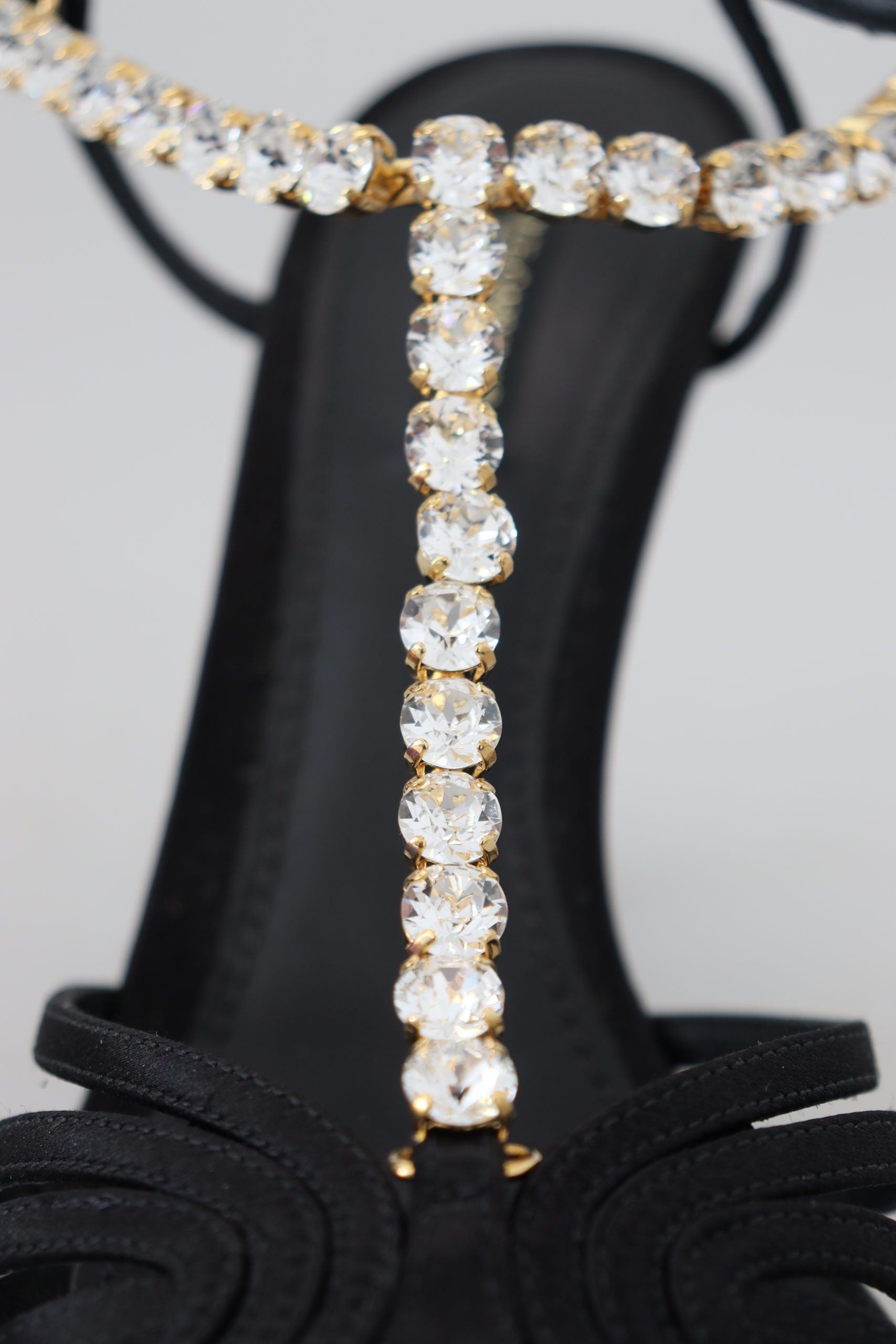 Dolce & Gabbana Black Satin Clear Crystal T-strap Sandal Shoes Dolce & Gabbana
