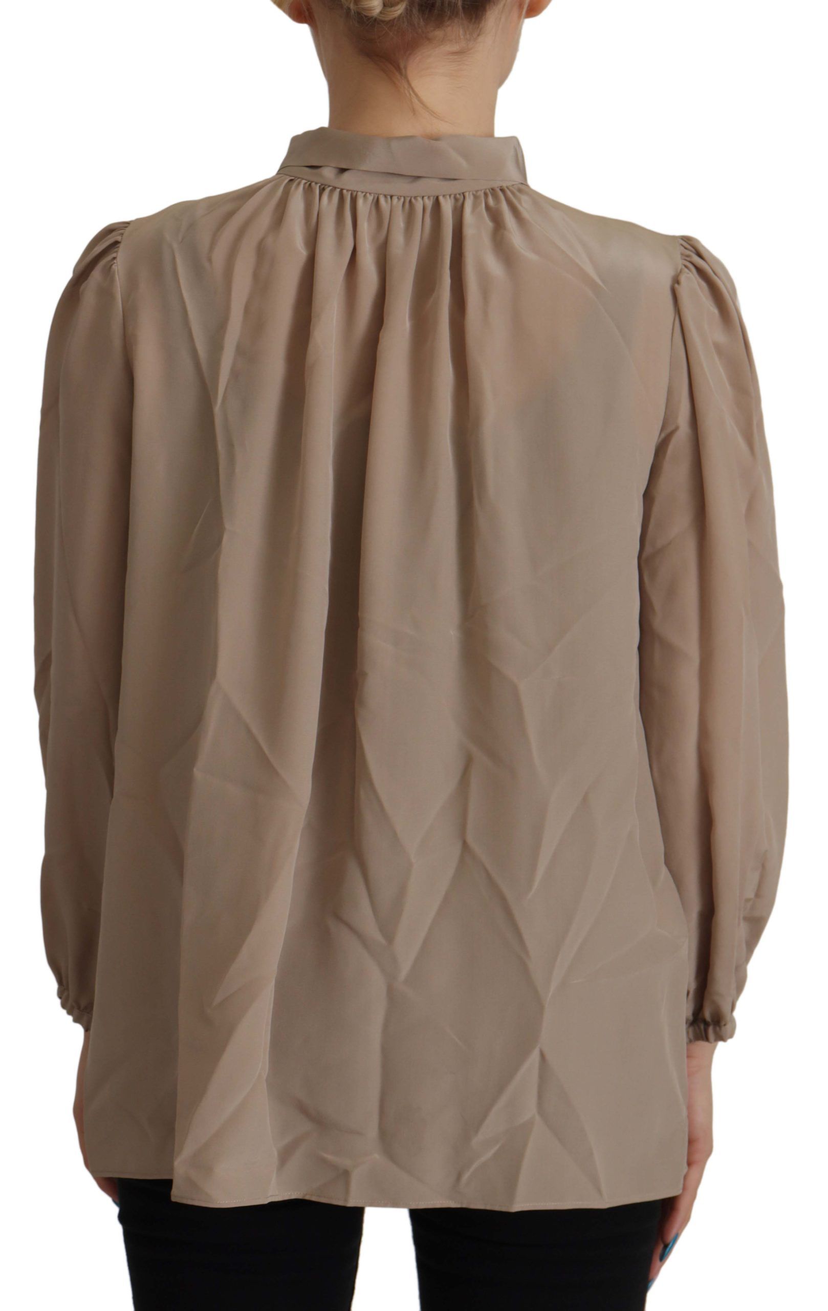 Dolce & Gabbana Brown Waistband Sleeves Ascot Collar Top Blouse Dolce & Gabbana
