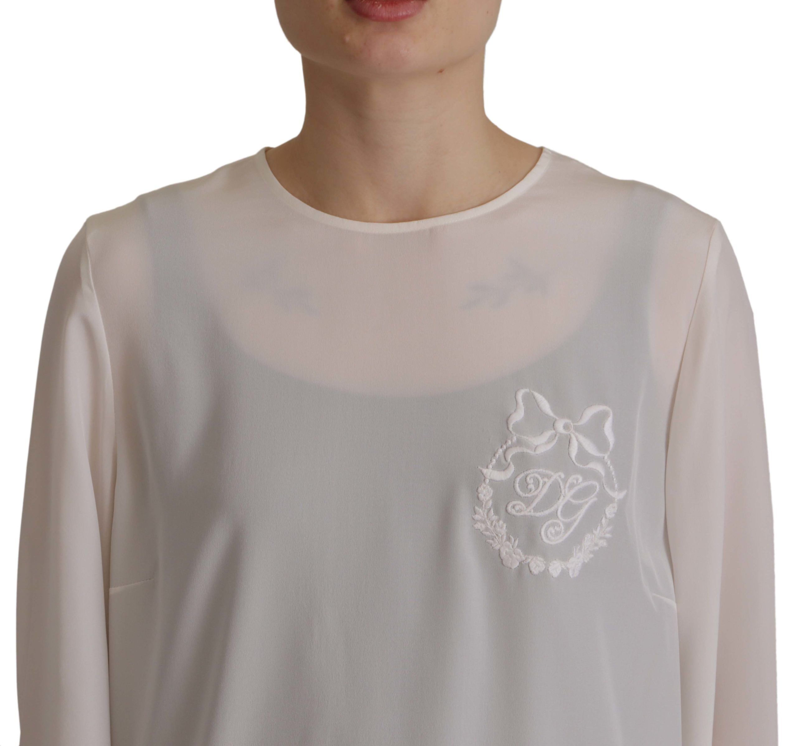 Dolce & Gabbana White Silk DG Logo Embroidered Long Sleeves Blouse Dolce & Gabbana